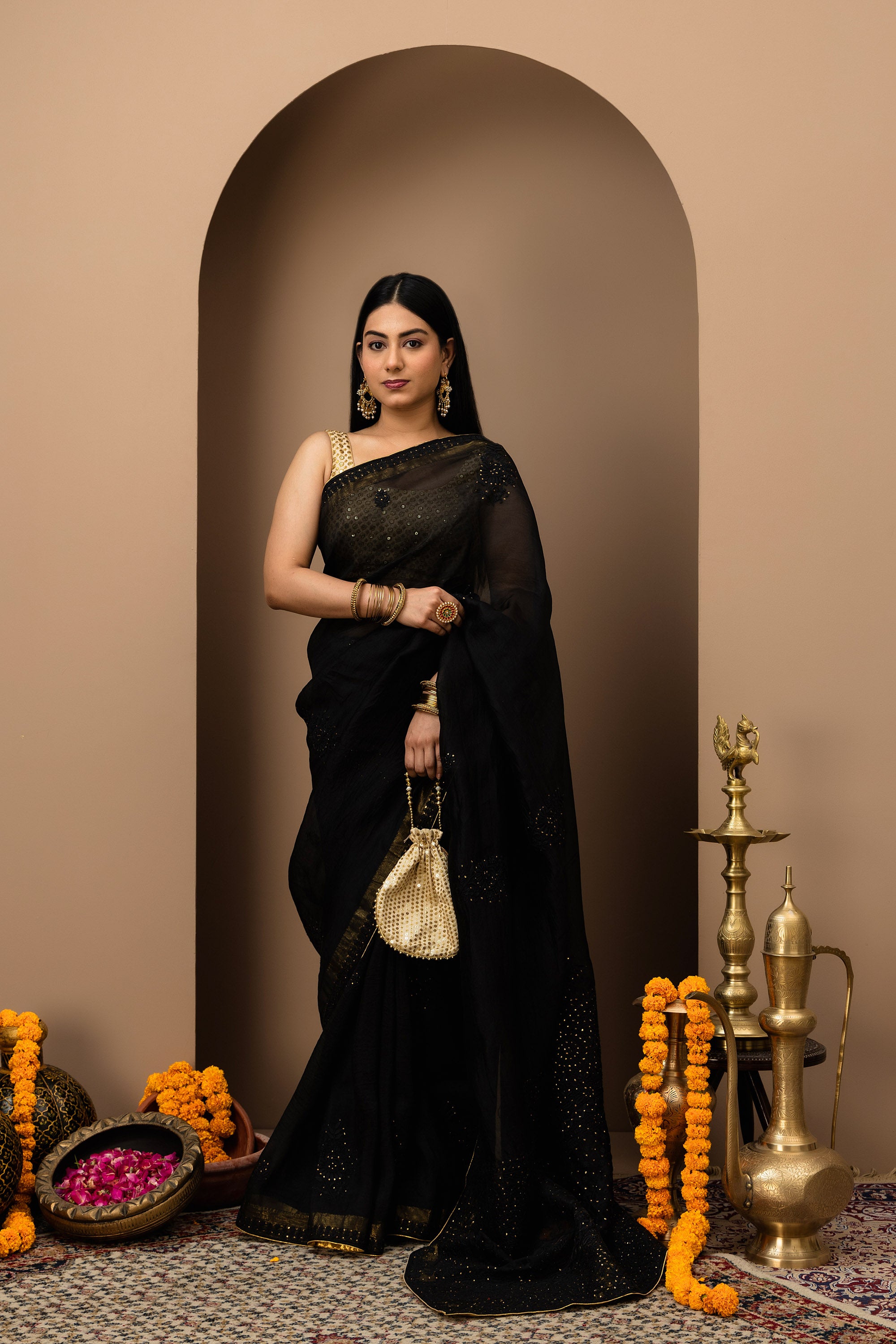 Black, pure organza silk, hand embroidered Chikankari with mukaish work saree