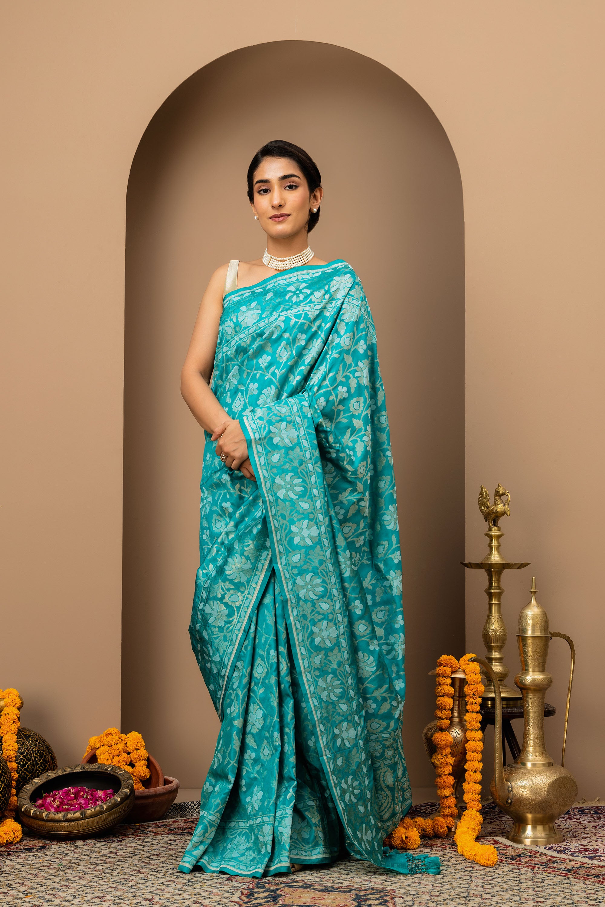 Rama green/ turquoise Green Handwoven pure katan silk Jamdani Banarasi Saree