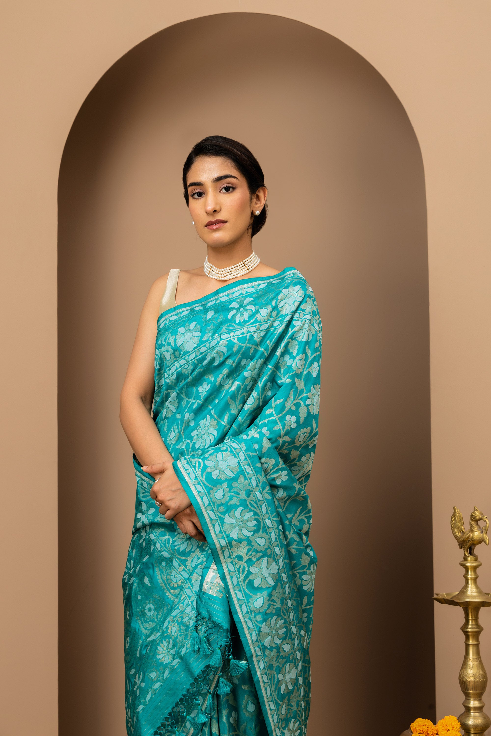 Rama green/ turquoise Green Handwoven pure katan silk Jamdani Banarasi Saree