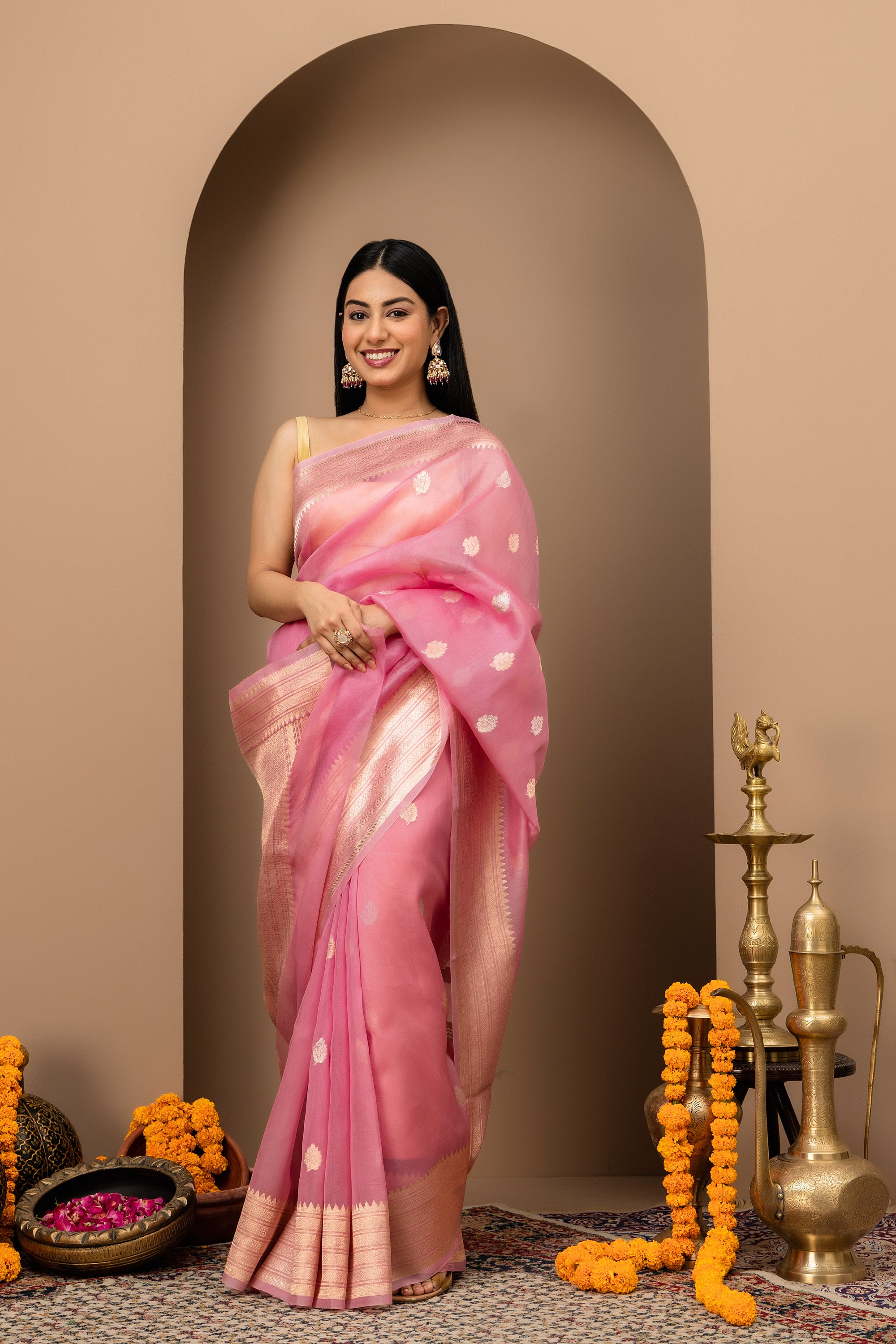 Blush Pink Handwoven Organza Silk Saree with Zari Border