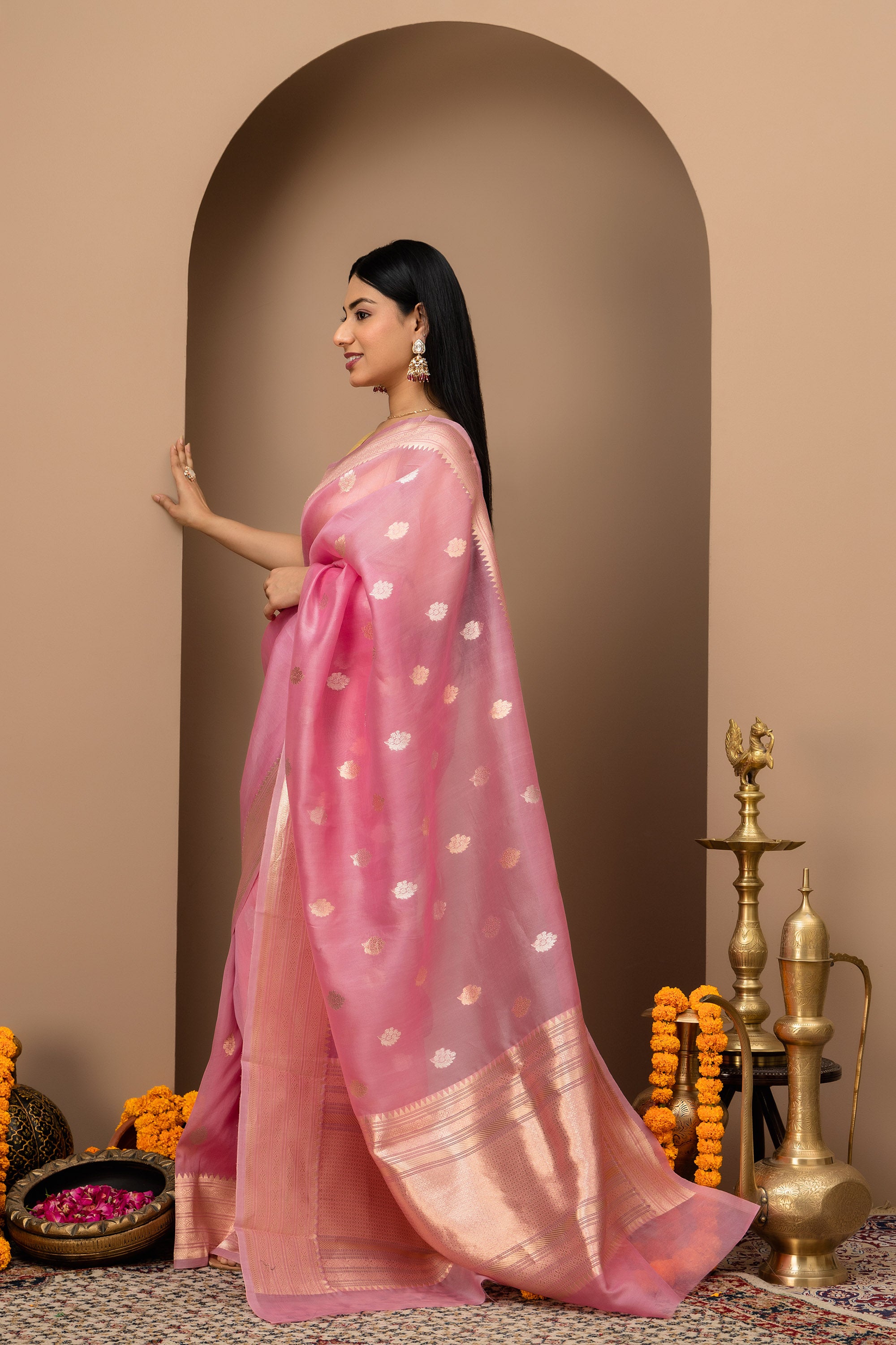 Blush Pink Handwoven Organza Silk Saree with Zari Border