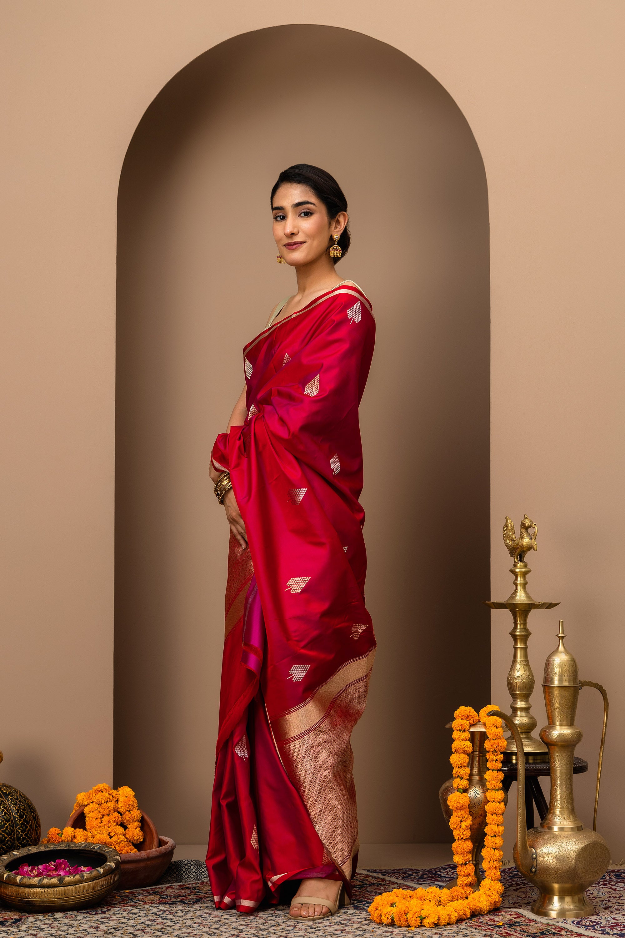 Gulnaar: Katan Mashru Pure Silk Saree in deep Crimson