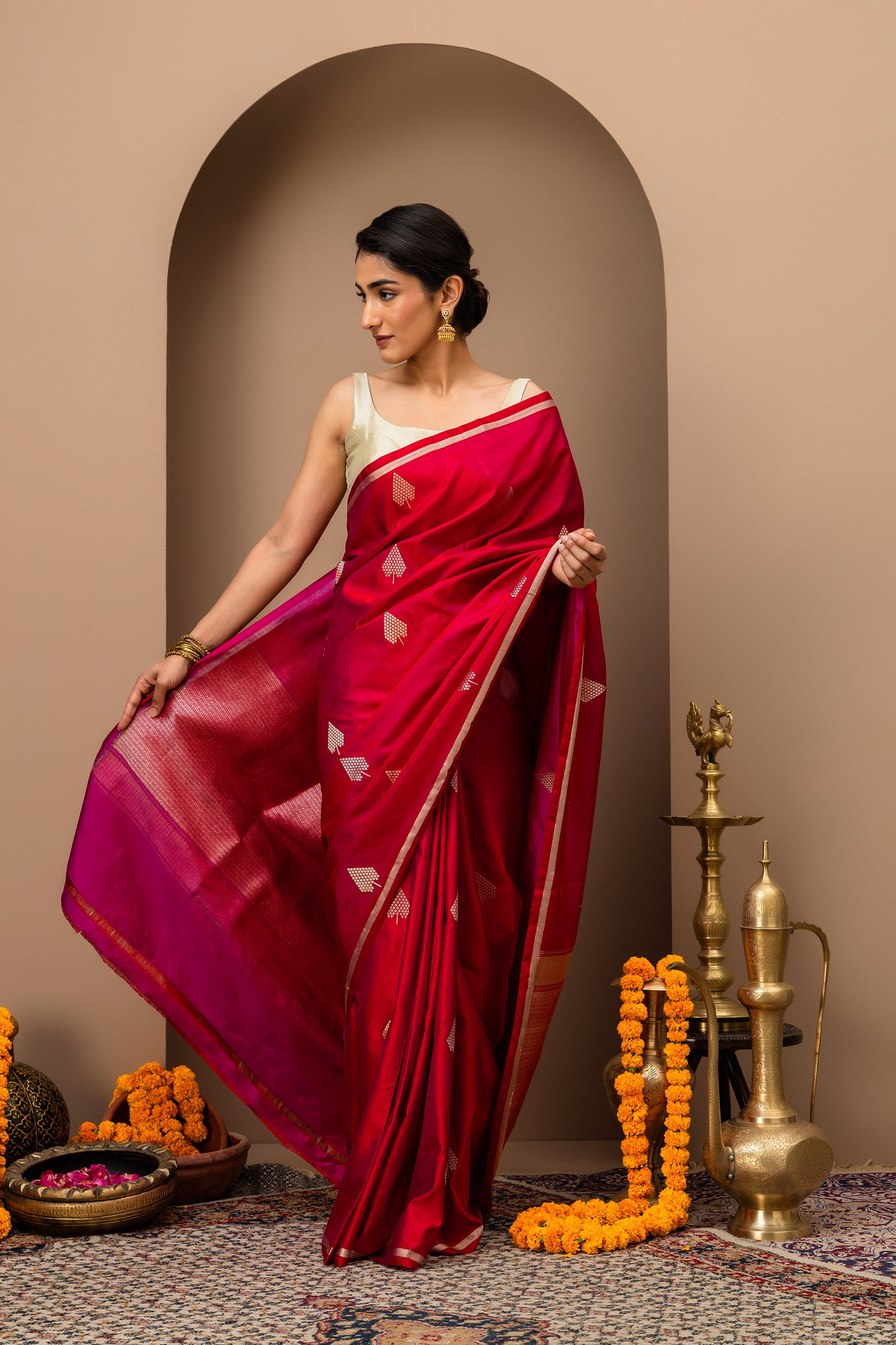 Gulnaar: Katan Mashru Pure Silk Saree in deep Crimson