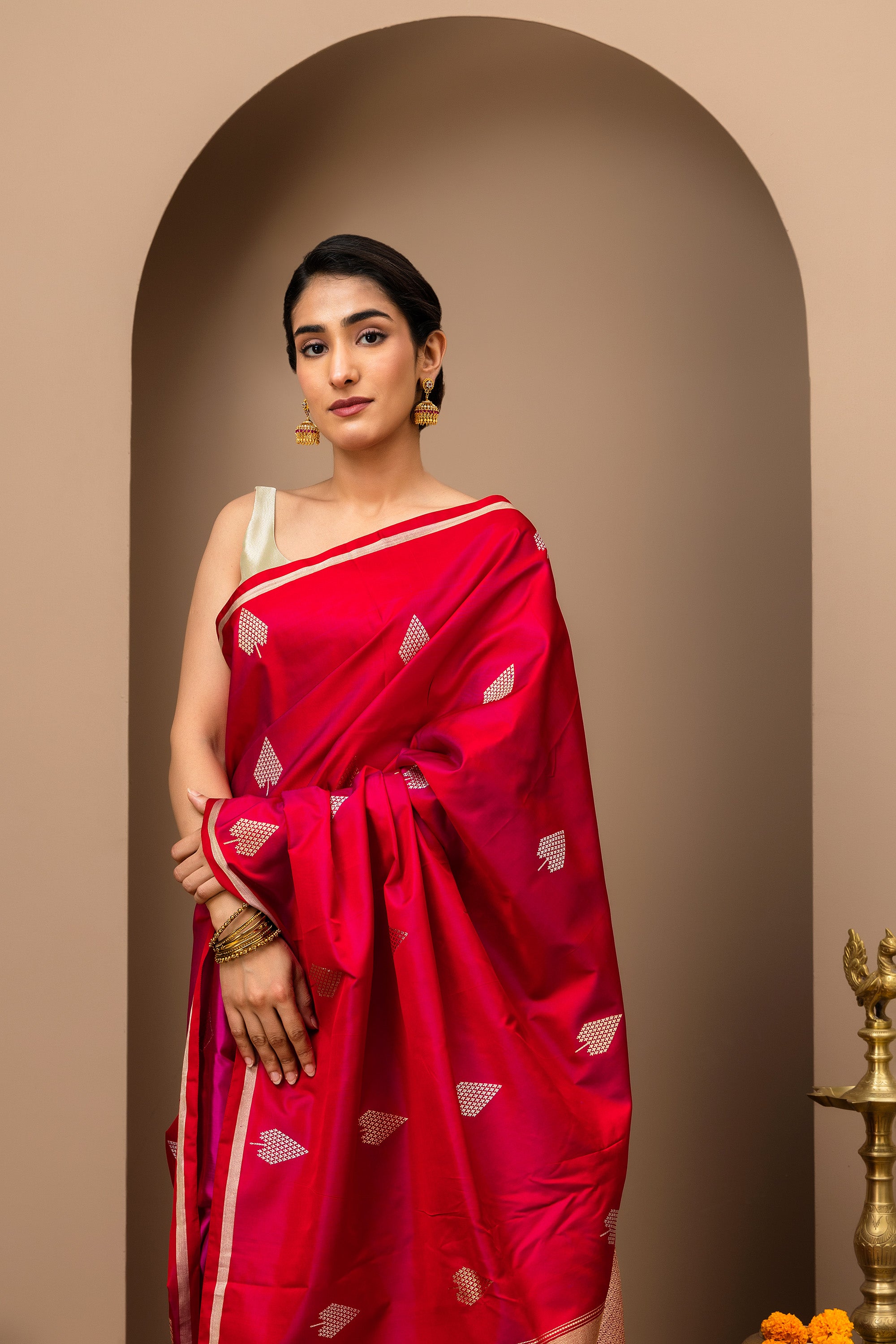 Gulnaar: Katan Mashru Pure Silk Saree in deep Crimson