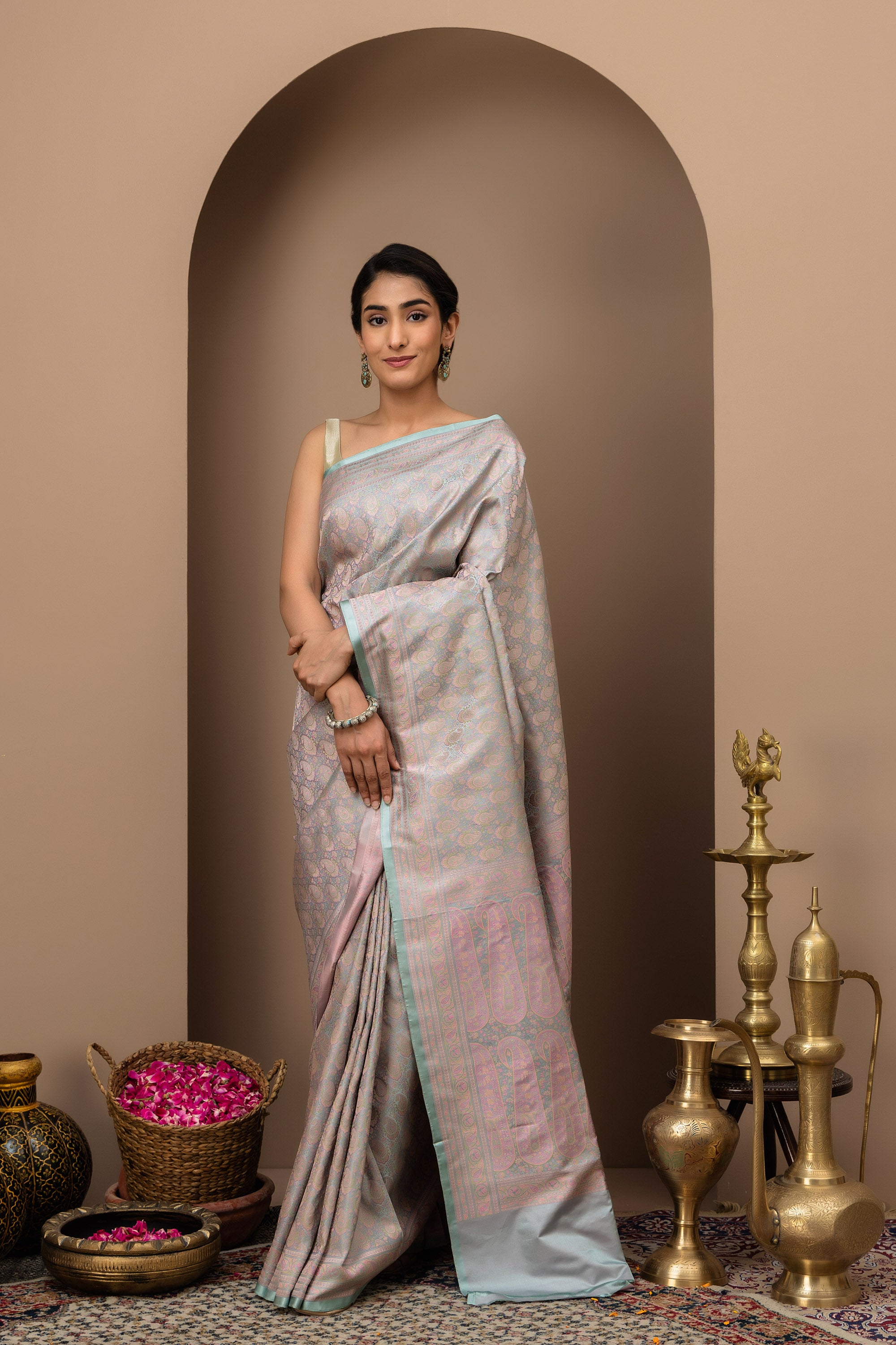 Noorjahaan: Tanchui Pure Silk Saree in Opaline Grey- lavender