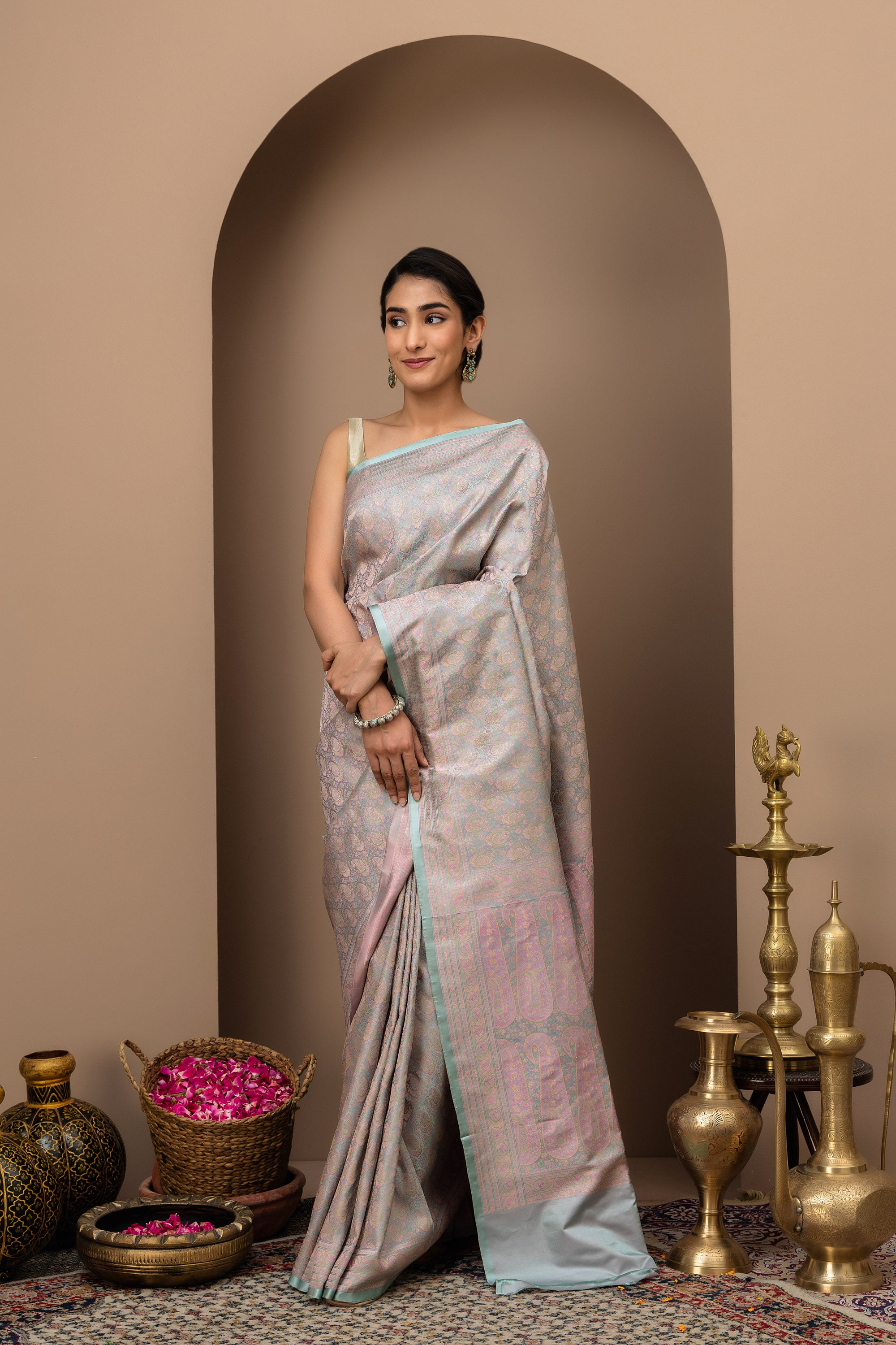 Noorjahaan: Tanchui Pure Silk Saree in Opaline Grey- lavender