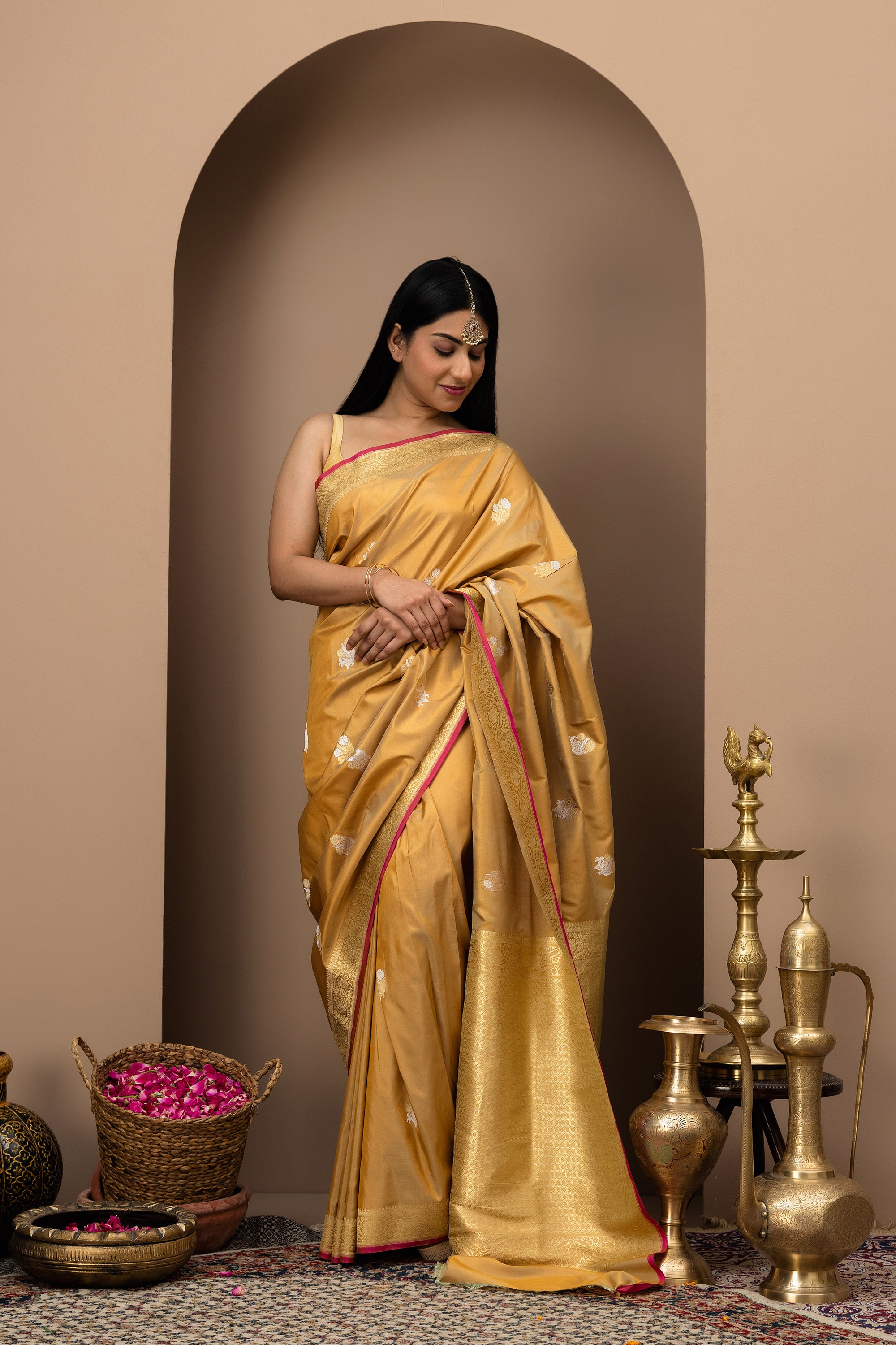 Chandni Rang: Katan pure silk saree in Antique Mustard gold