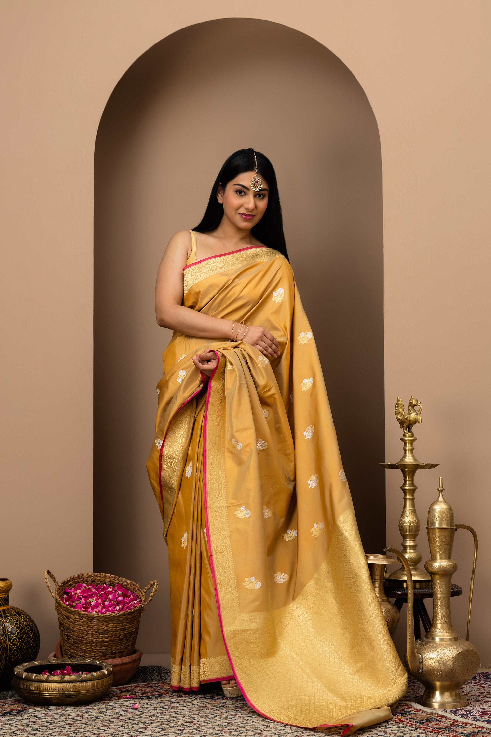 Chandni Rang: Katan pure silk saree in Antique Mustard gold