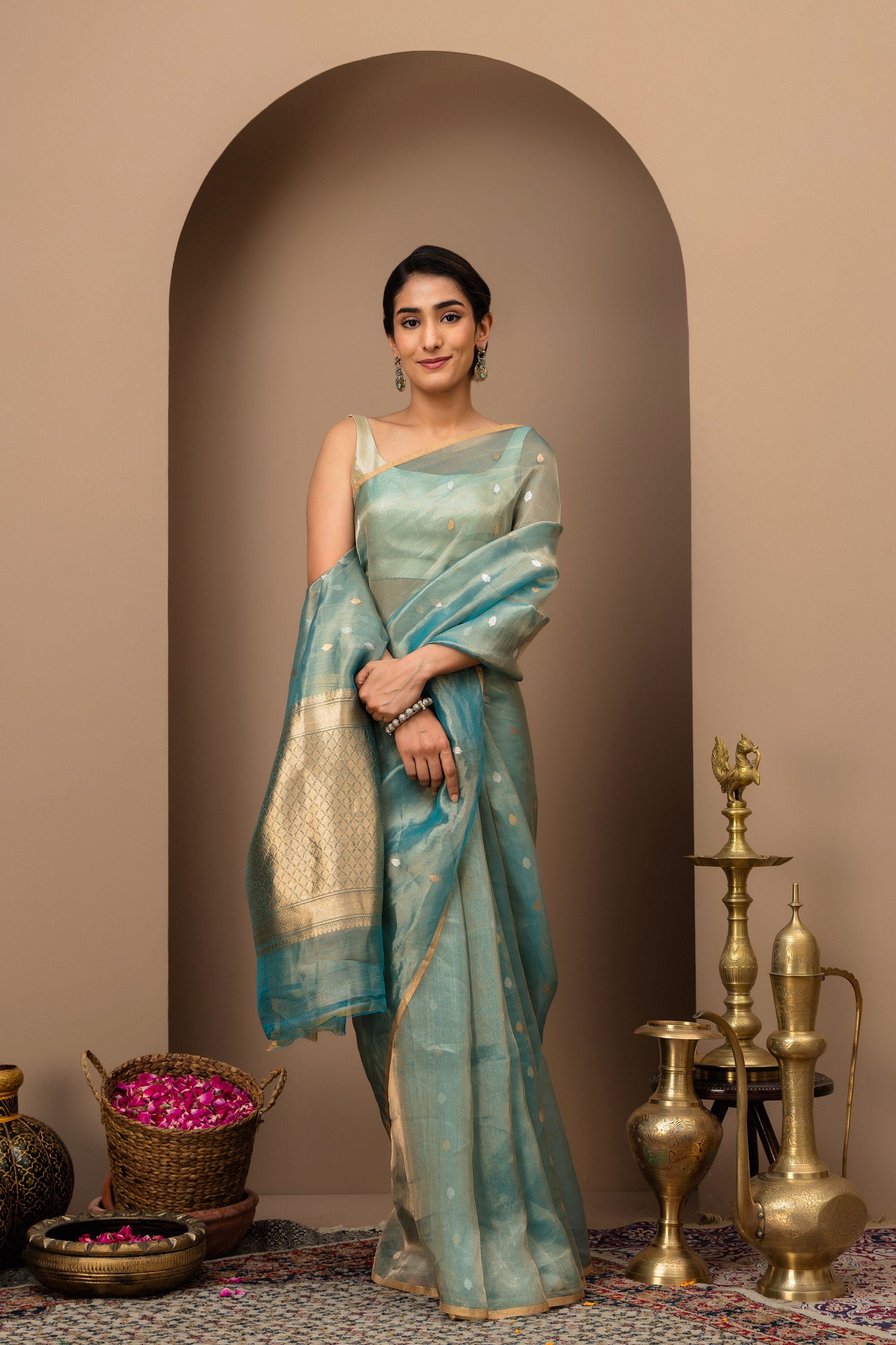 Beautiful blue-green Handwoven Tissue Silk Saree with Zari Border