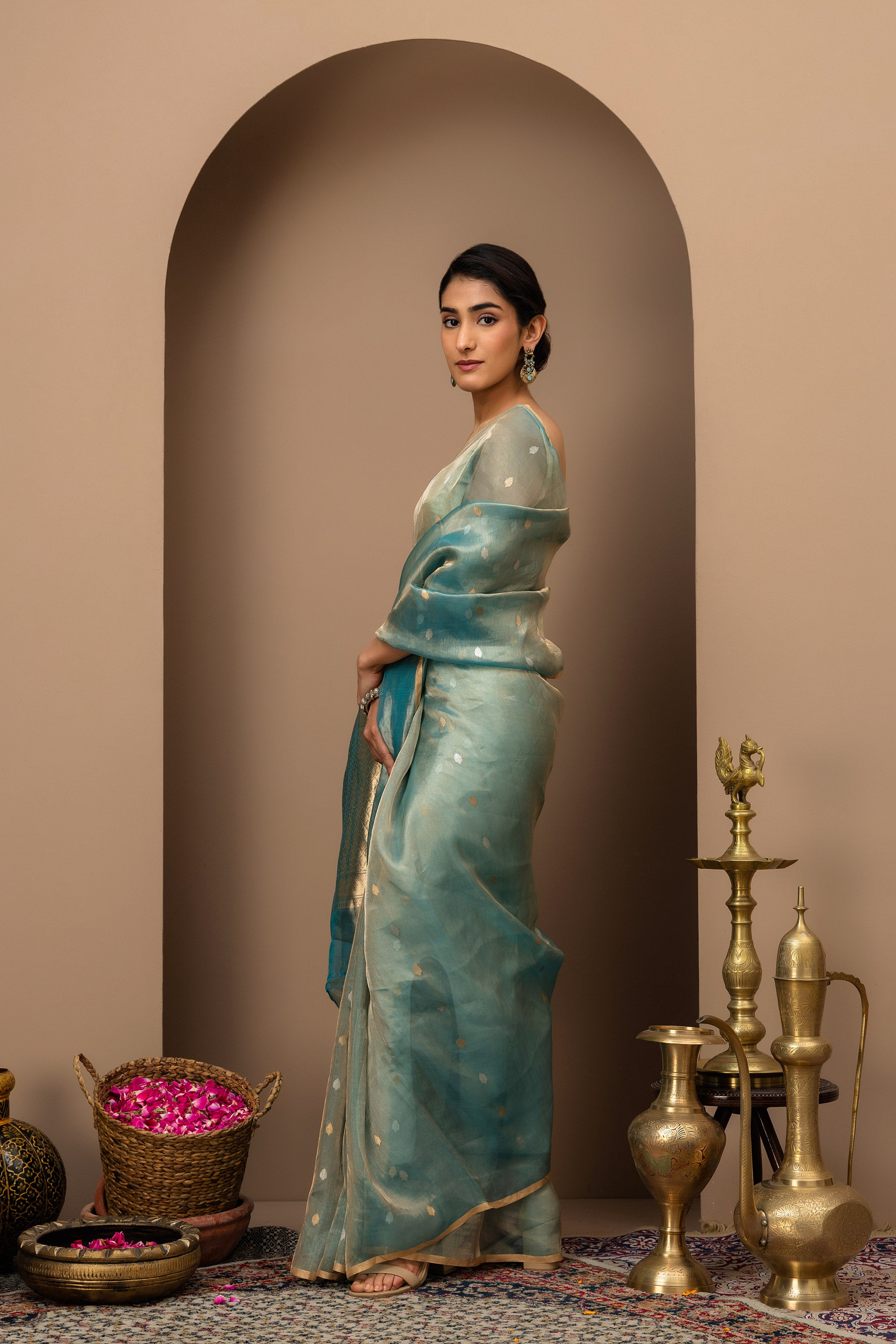 Beautiful blue-green Handwoven Tissue Silk Saree with Zari Border