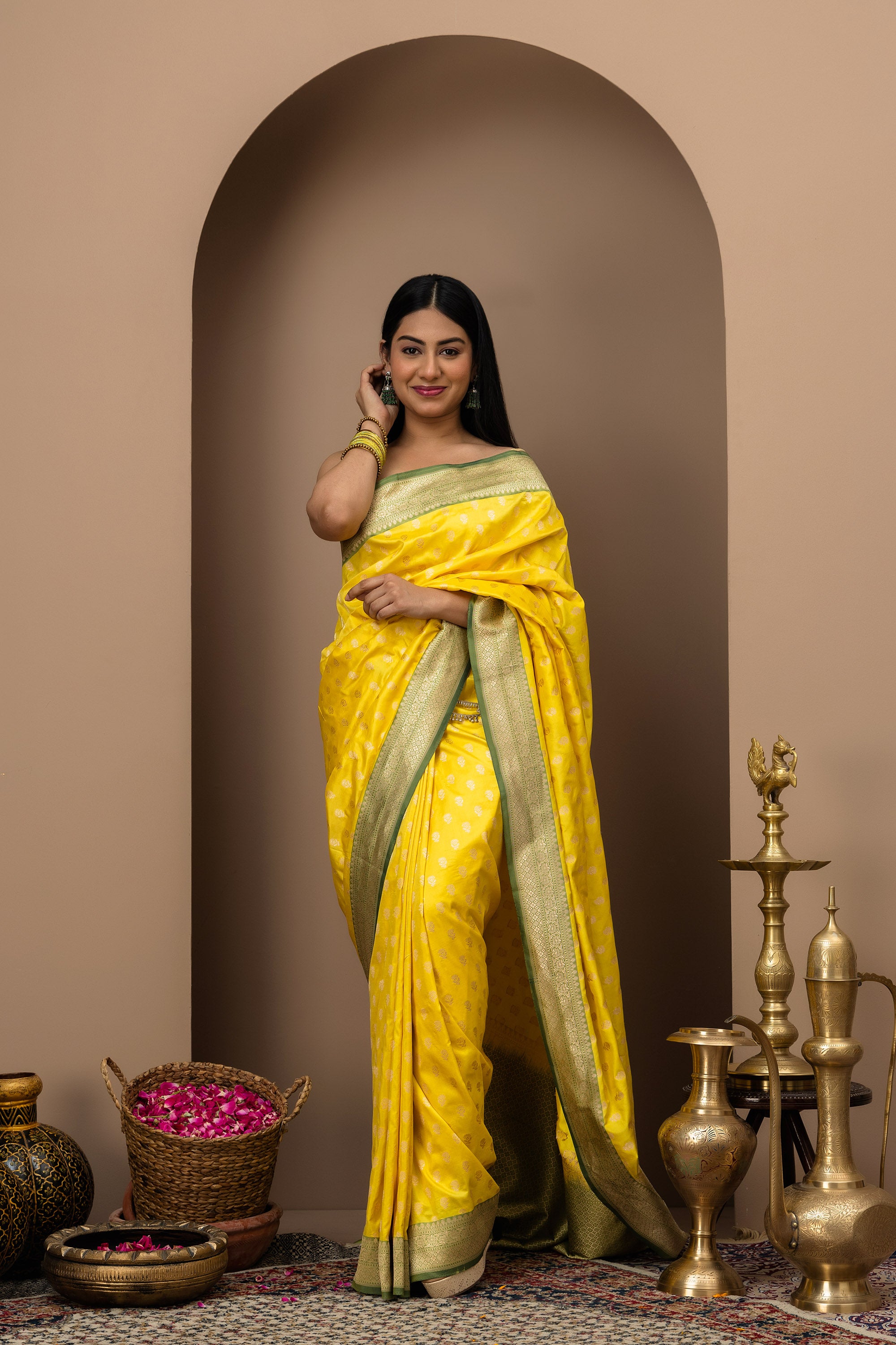 Sunlit yellow with Olive green gold zari, Banarasi Katan pure silk saree