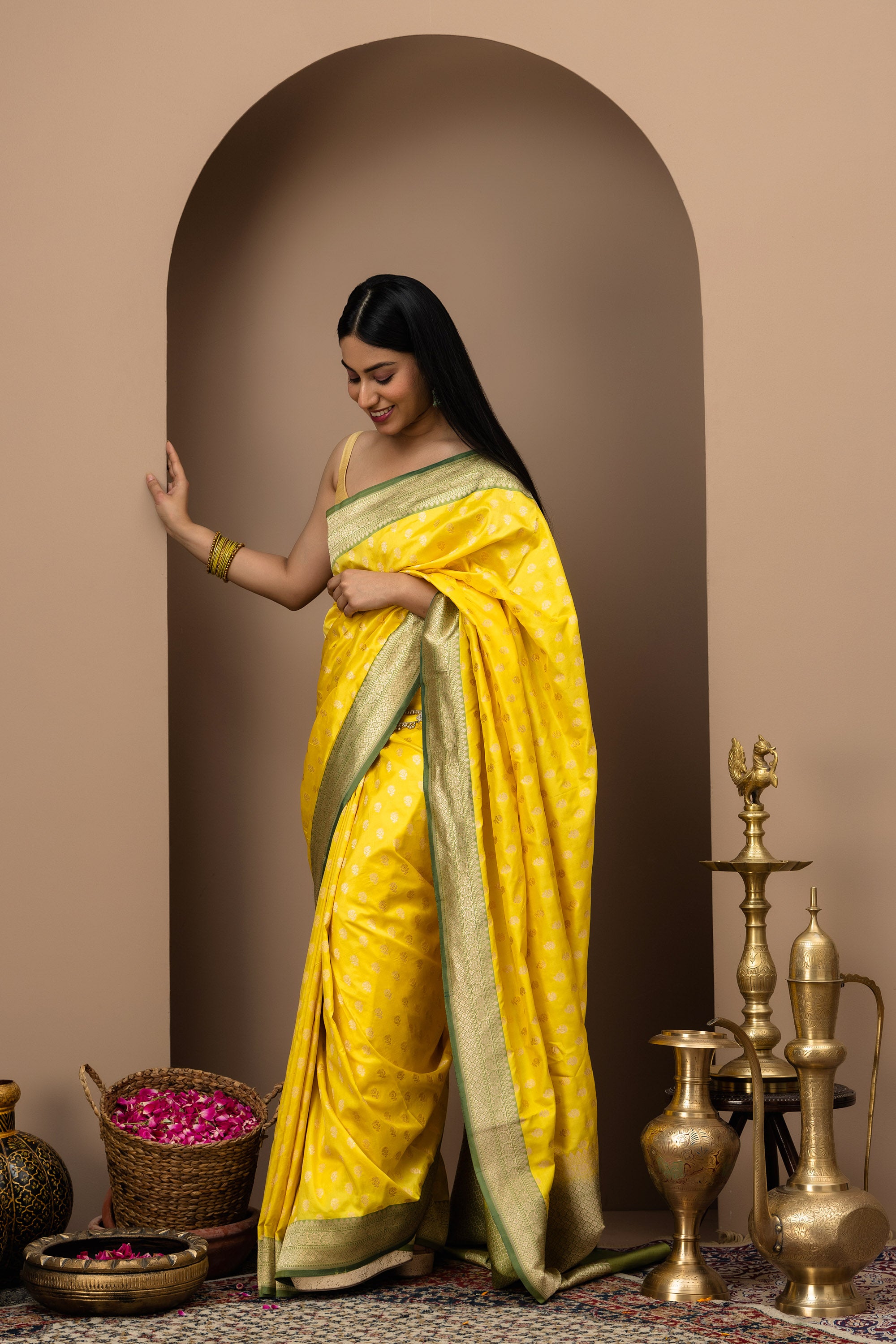Sunlit yellow with Olive green gold zari, Banarasi Katan pure silk saree