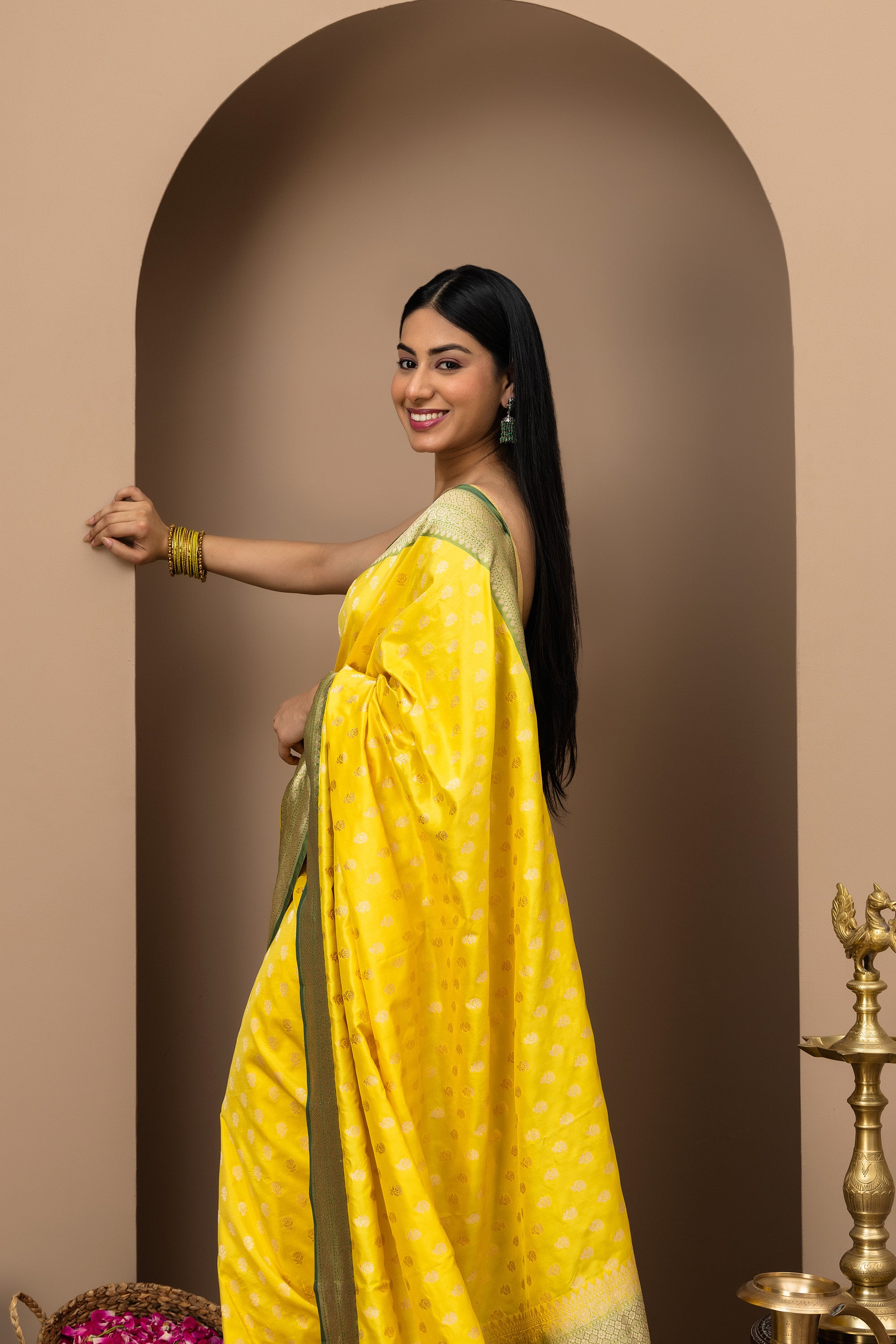 Sunlit yellow with Olive green gold zari, Banarasi Katan pure silk saree