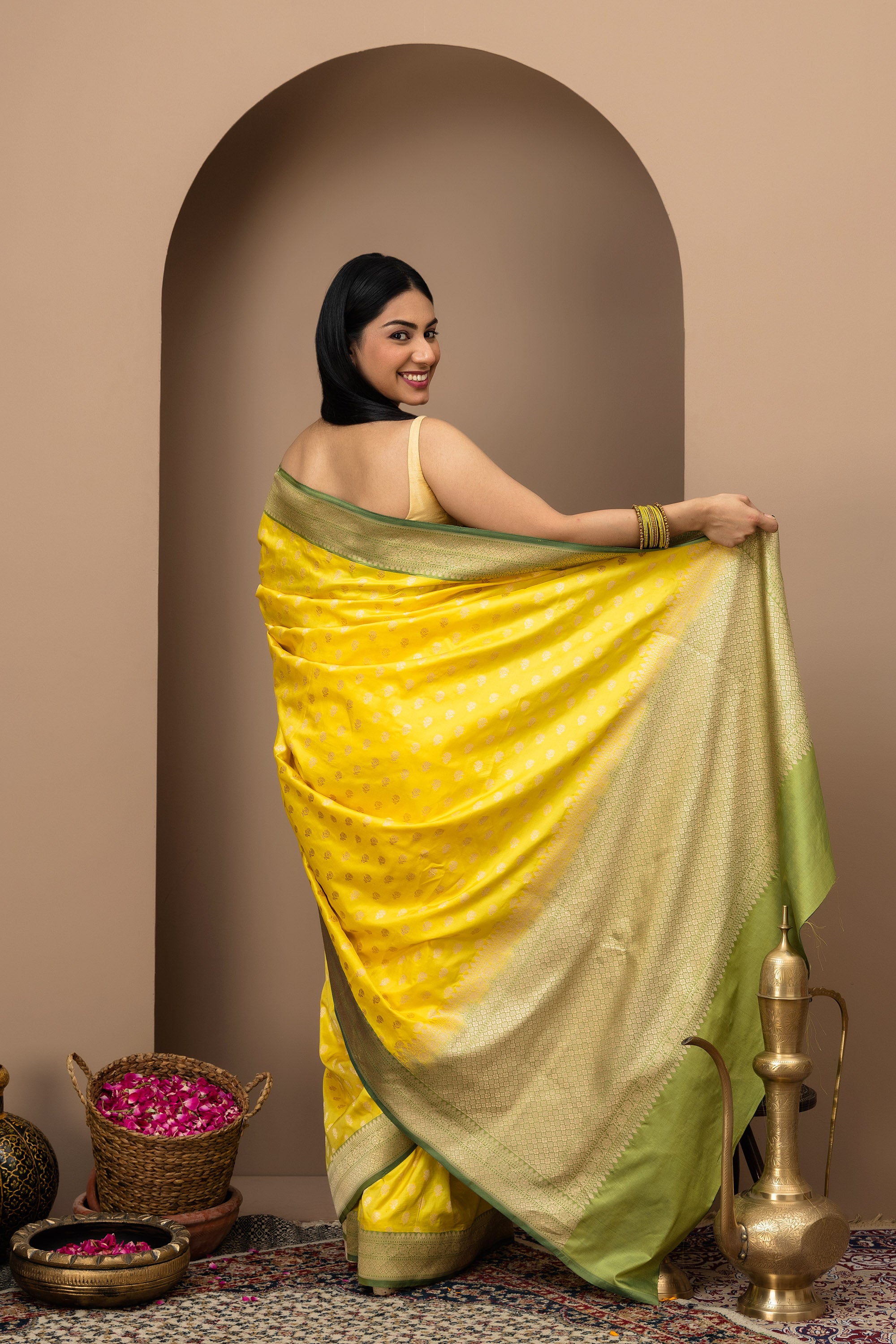 Sunlit yellow with Olive green gold zari, Banarasi Katan pure silk saree