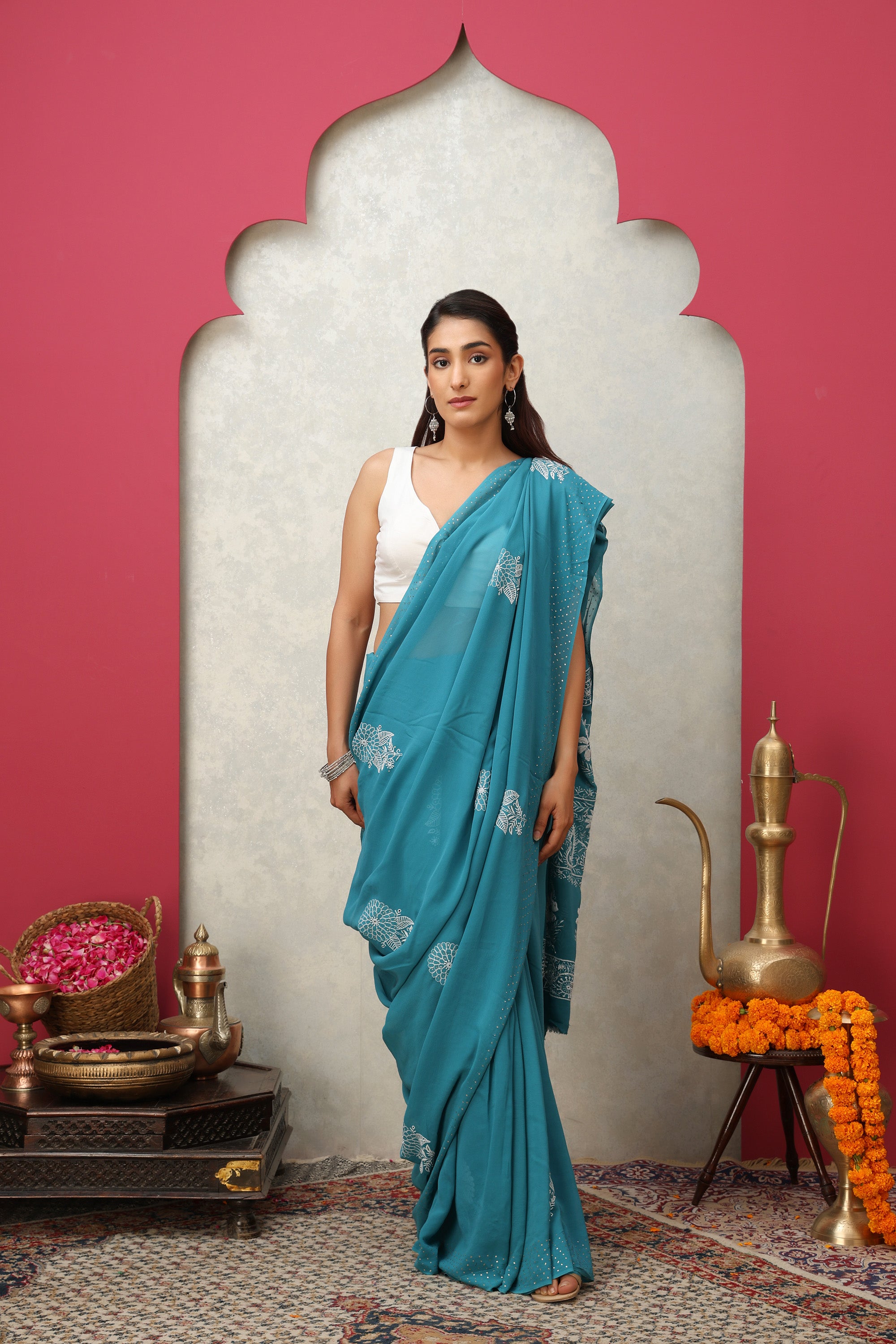 Teal blue pure georgette silk, hand embroidered Chikankari saree with mukaish handwork