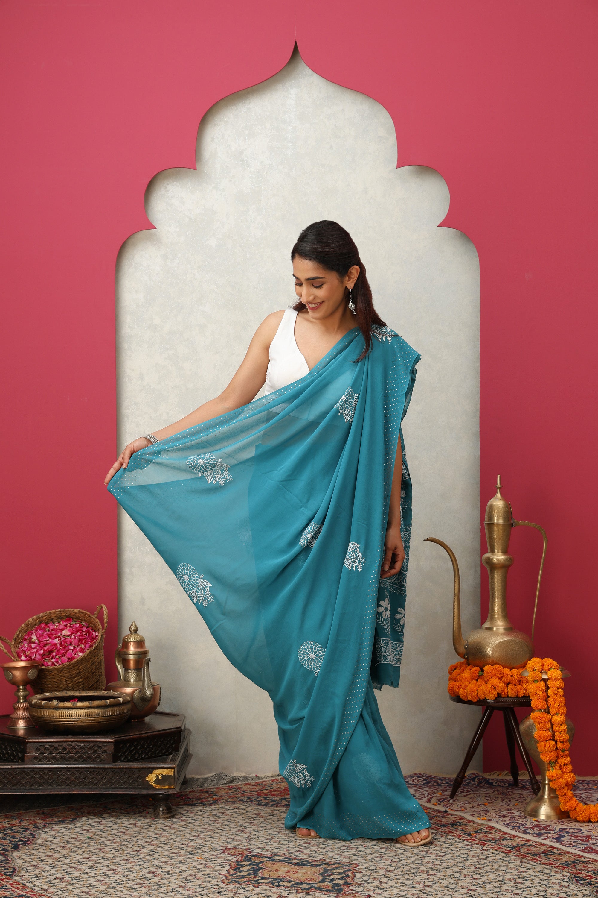 Teal blue pure georgette silk, hand embroidered Chikankari saree with mukaish handwork
