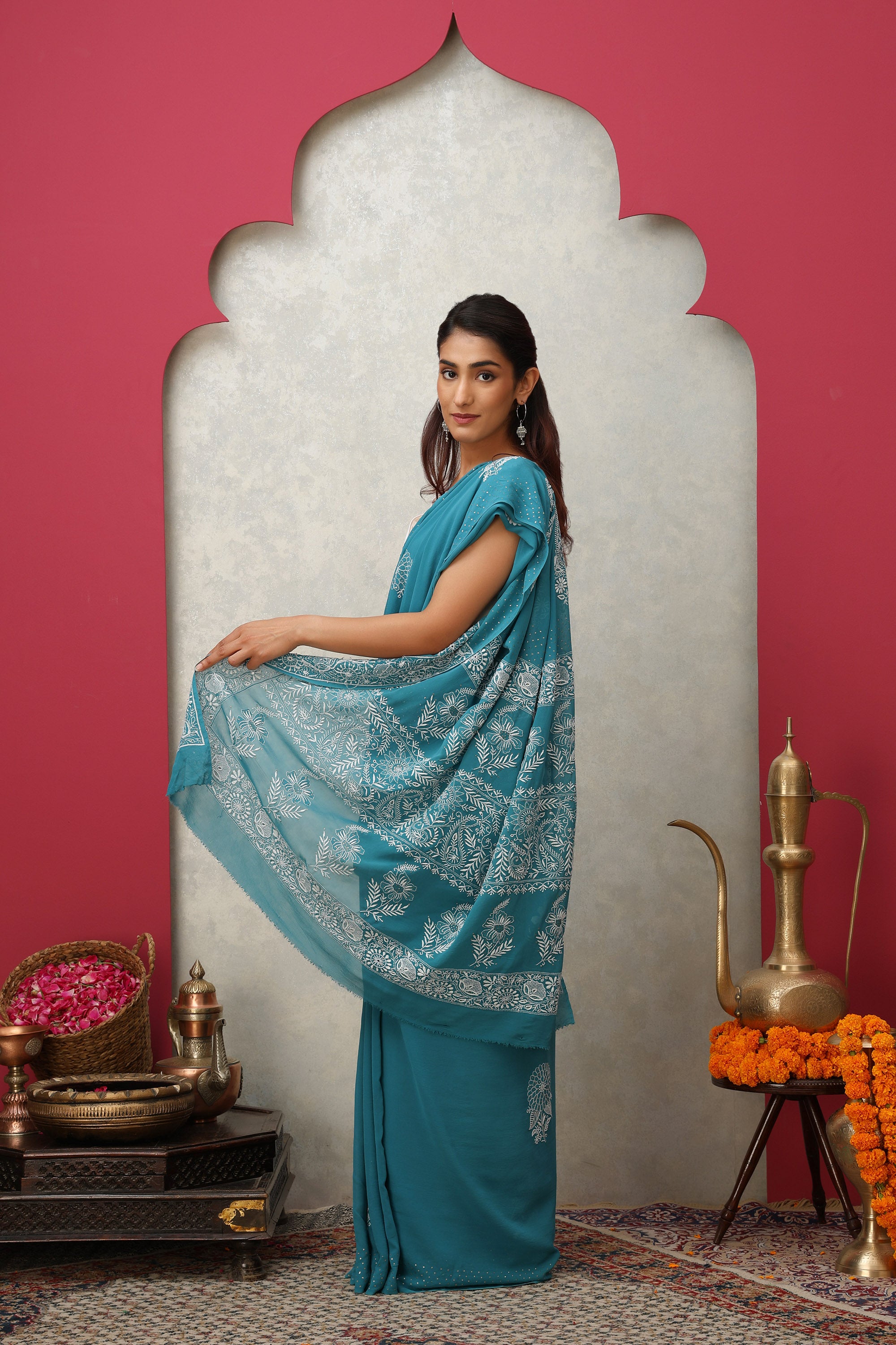 Teal blue pure georgette silk, hand embroidered Chikankari saree with mukaish handwork