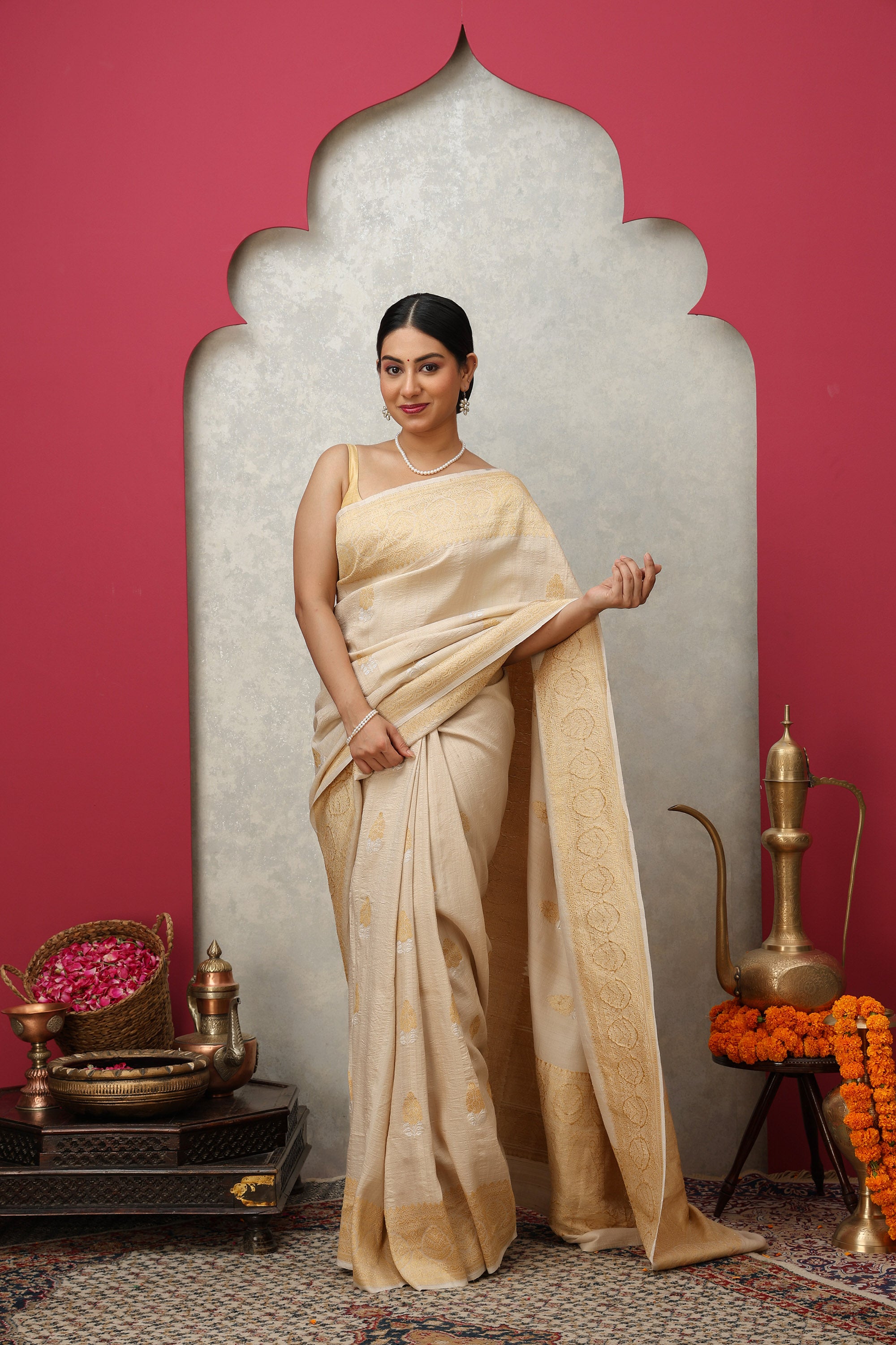 Beige antique gold zari pure Tussar-georgette silk saree