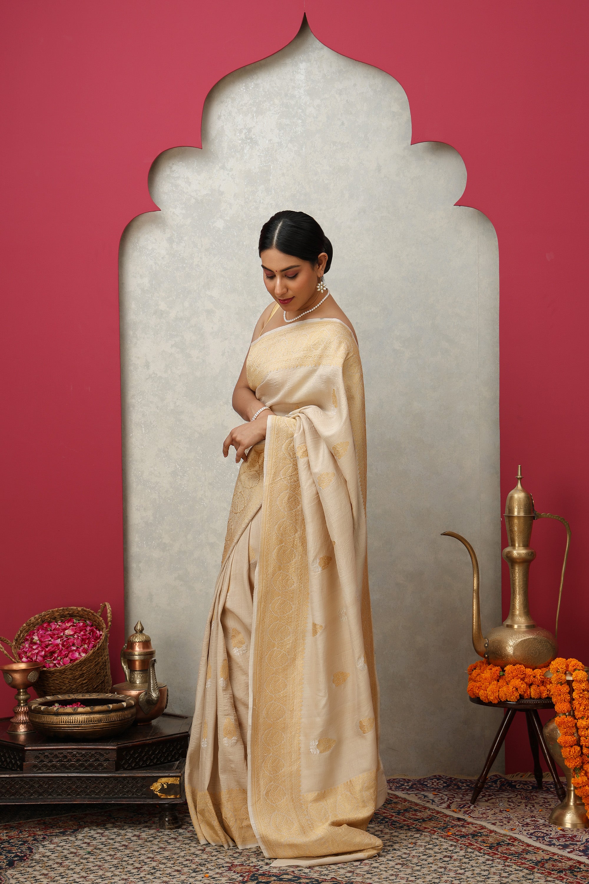 Beige antique gold zari pure Tussar-georgette silk saree