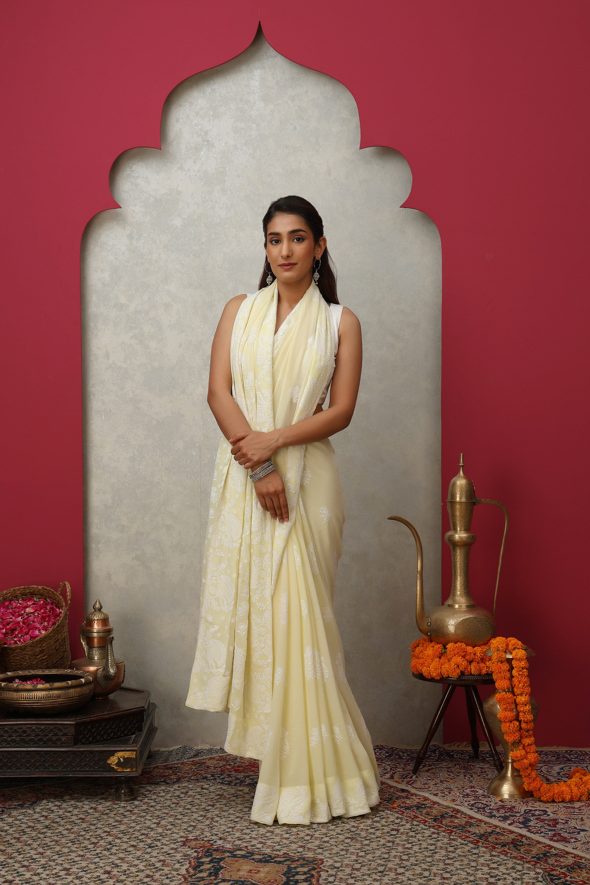 Almond cream pure heavy georgette silk saree with fine detailed hand embroidered Chikankari work