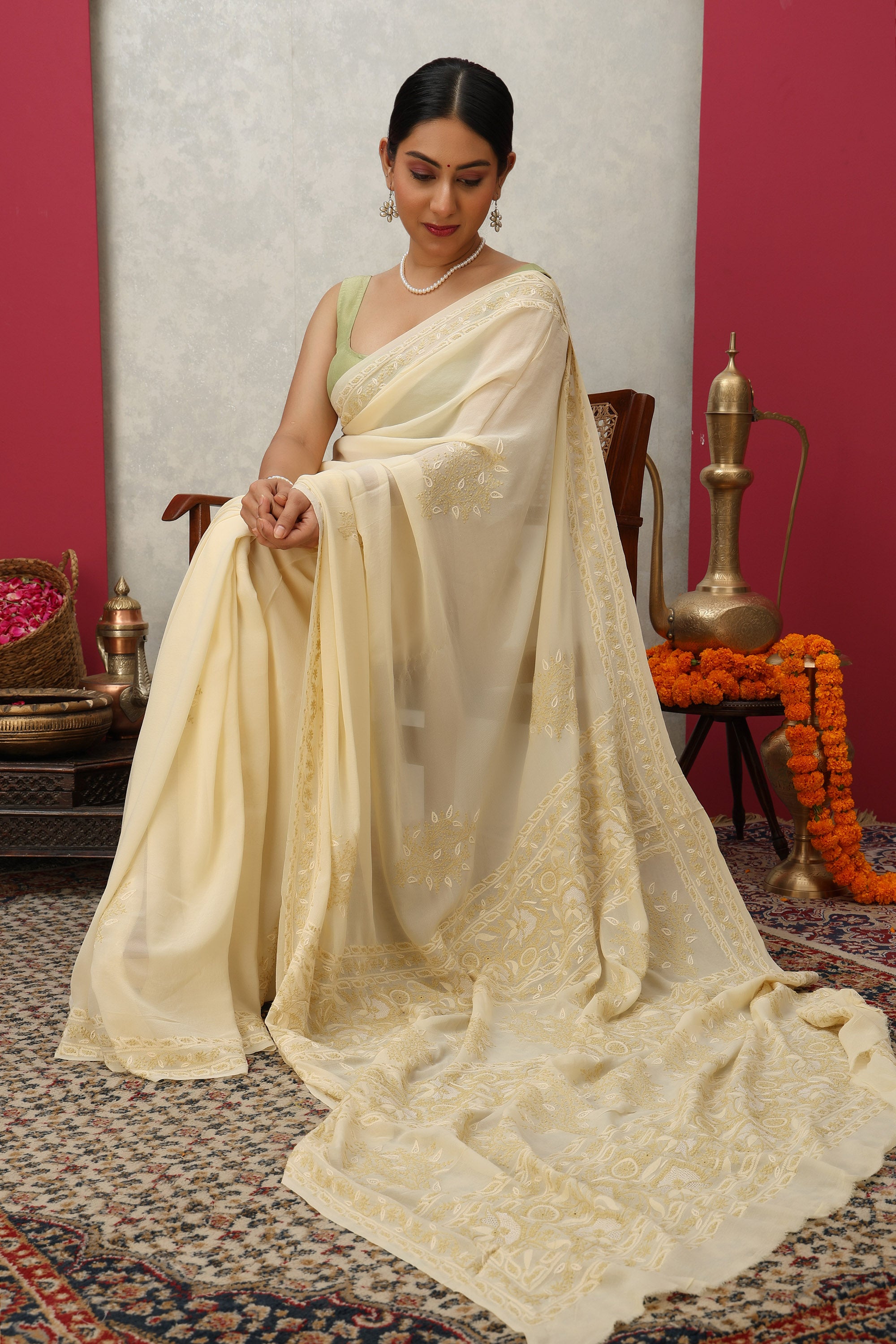 Minted Cream pure heavy georgette silk saree with fine embroidered Chikankari work