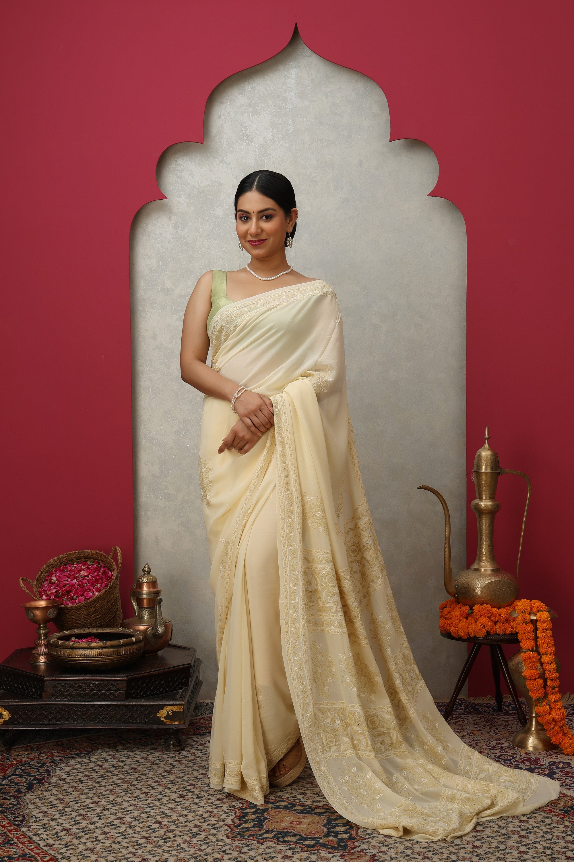 Minted Cream pure heavy georgette silk saree with fine embroidered Chikankari work