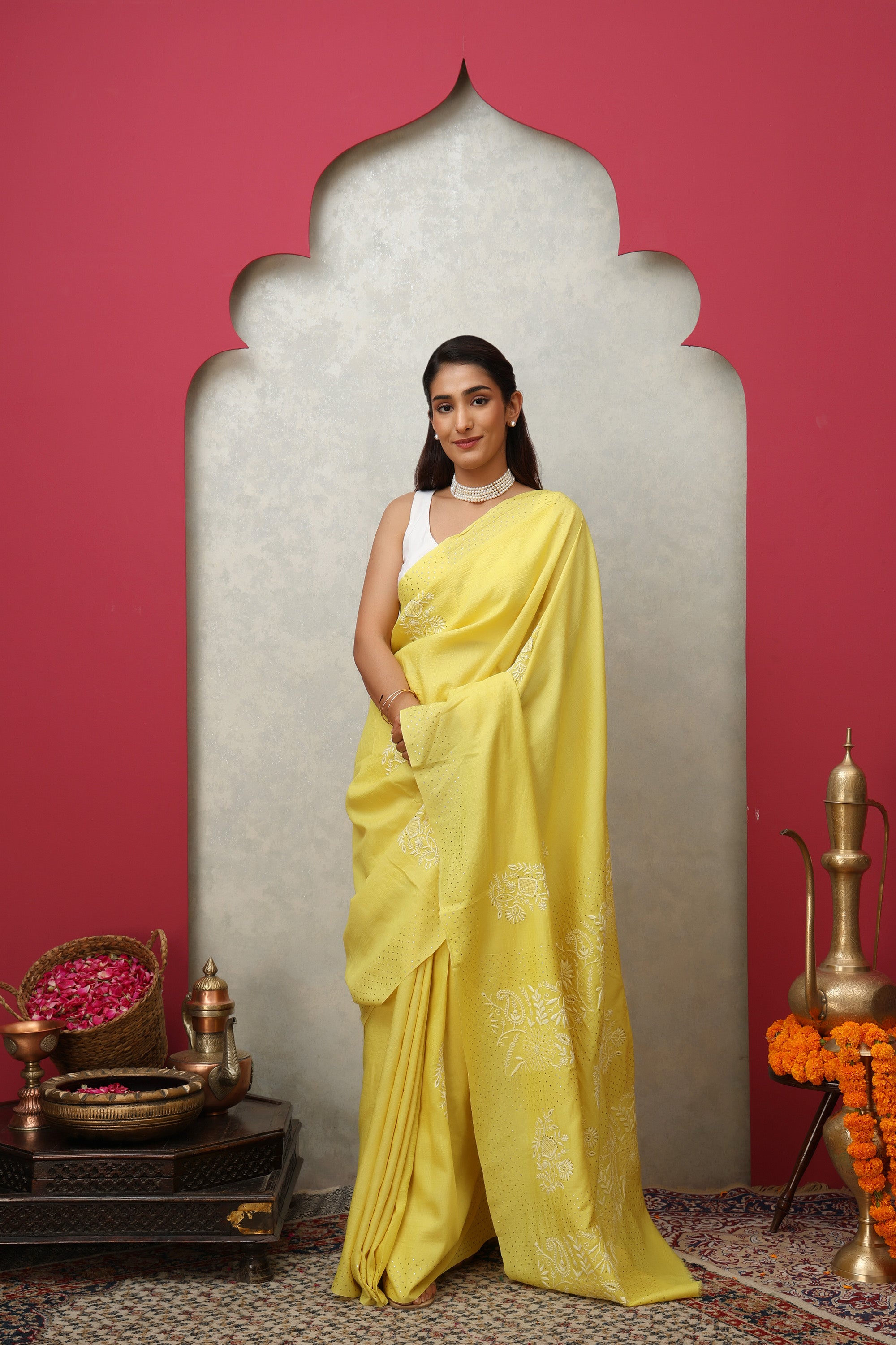 Beautiful Amaltas yellow pure Muga silk hand embroidered Chikankari saree