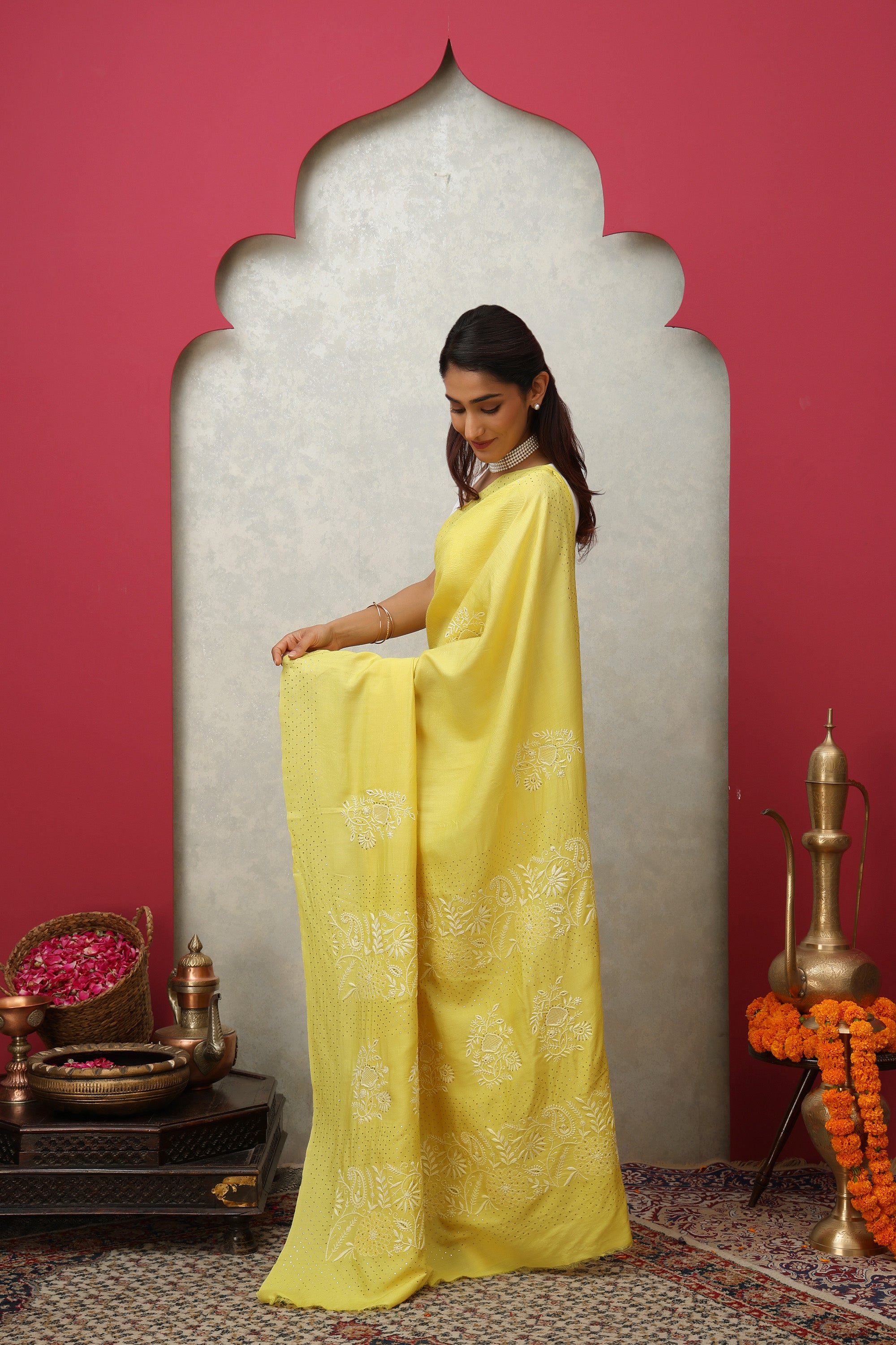 Beautiful Amaltas yellow pure Muga silk hand embroidered Chikankari saree