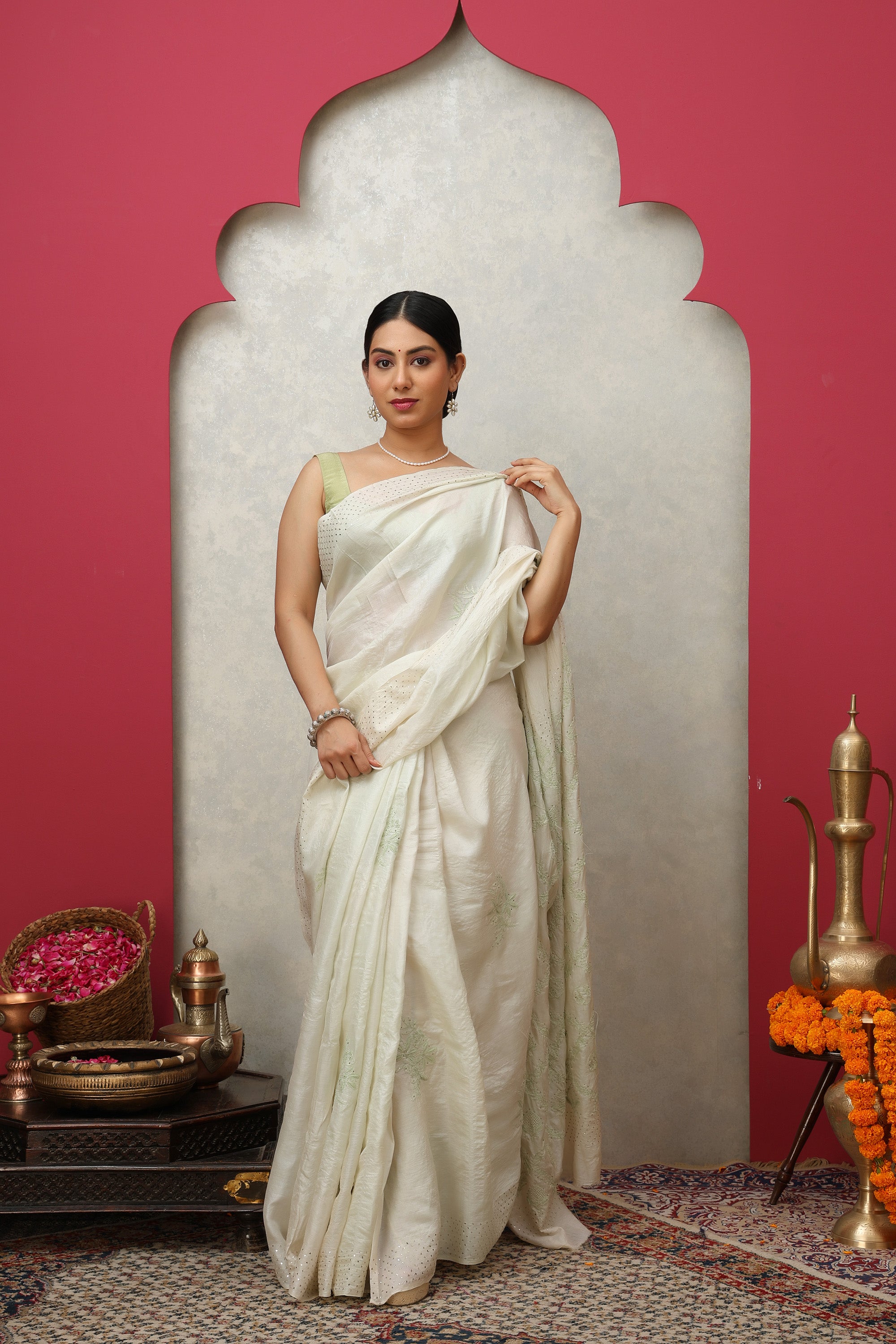 Beautiful Off-white pure tussar silk saree with green thread Chikankari hand embroidery work