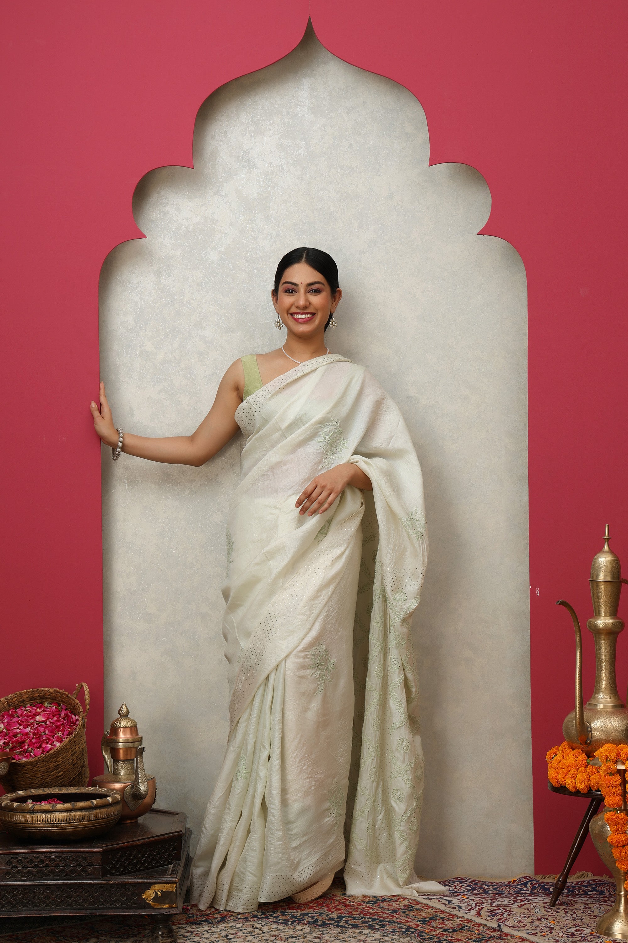 Beautiful Off-white pure tussar silk saree with green thread Chikankari hand embroidery work
