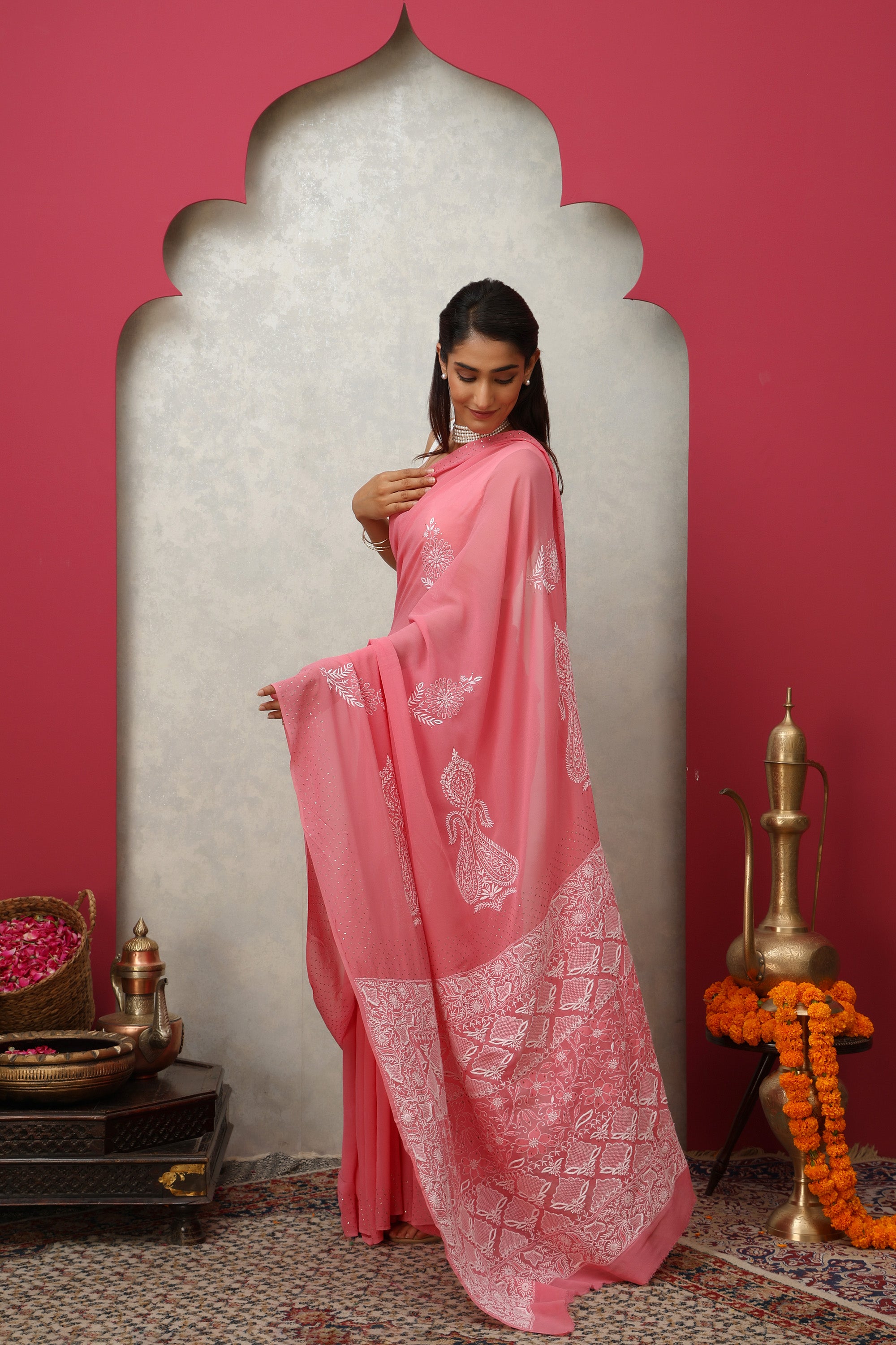 Classy Pomegranate Pink pure heavy georgette silk hand embroidered Chikankari saree