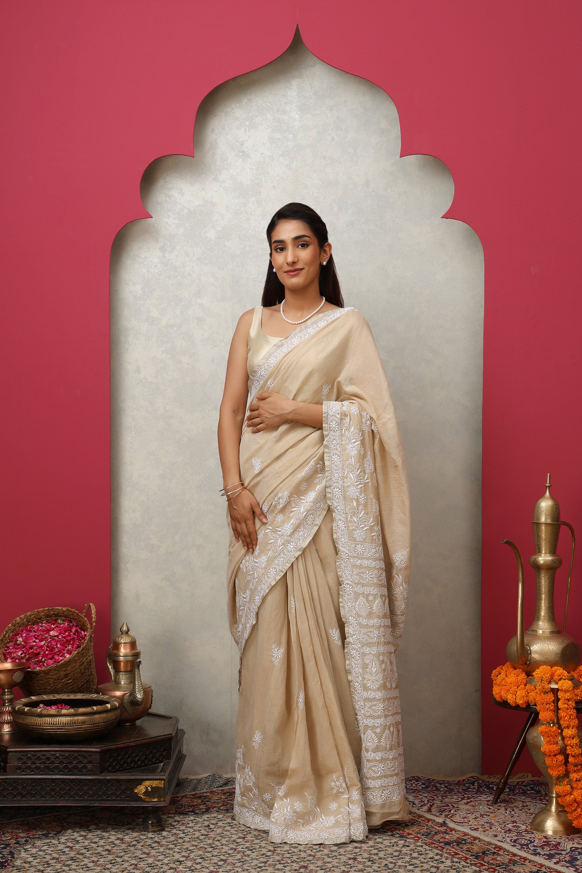 Shimmering beige pure silk tissue fine hand embroidered Chikankari saree