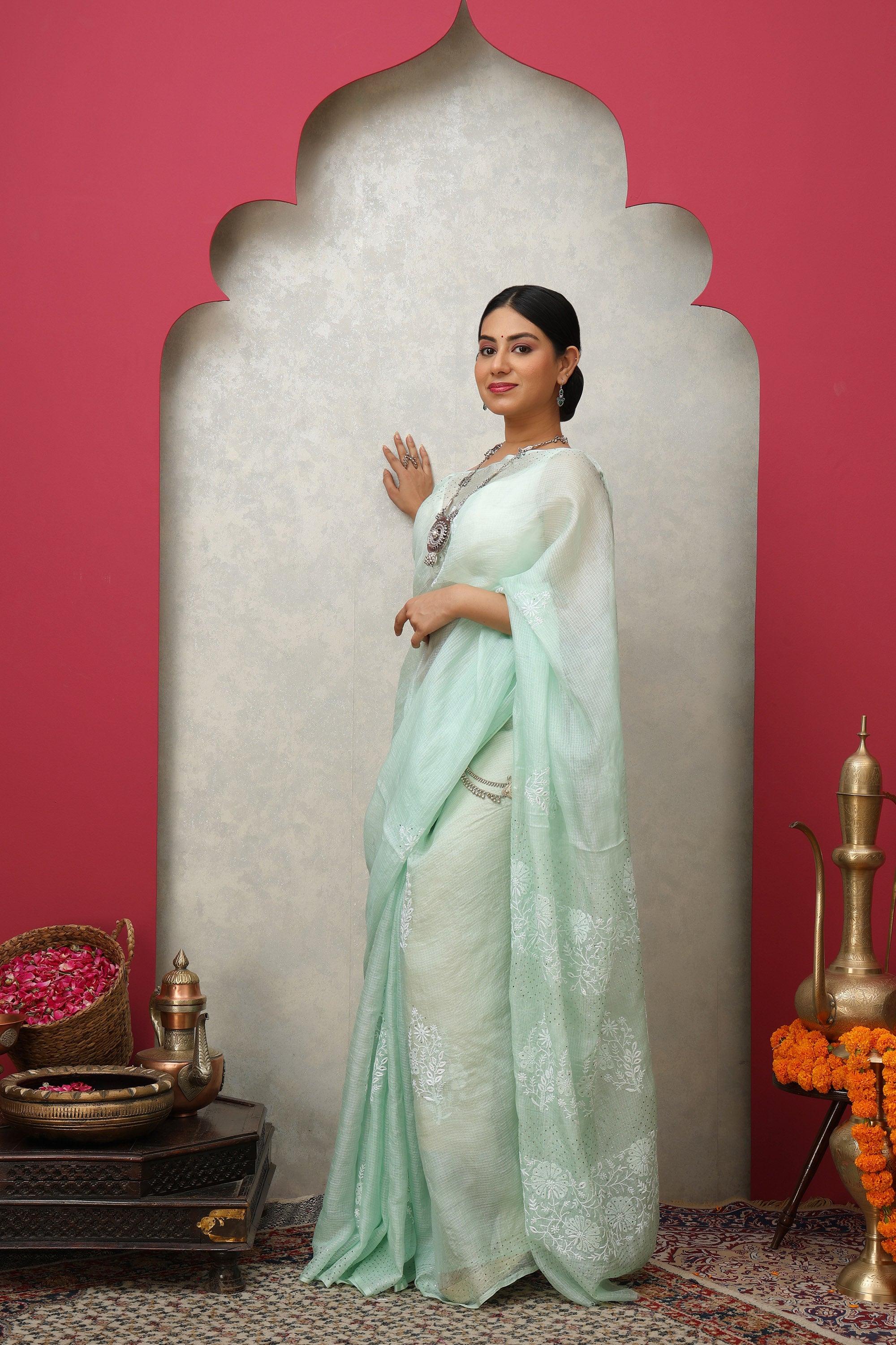 Pistachio Mist green Kota Doria pure silk-cotton saree with hand embroidered Chikankari and mukaish work