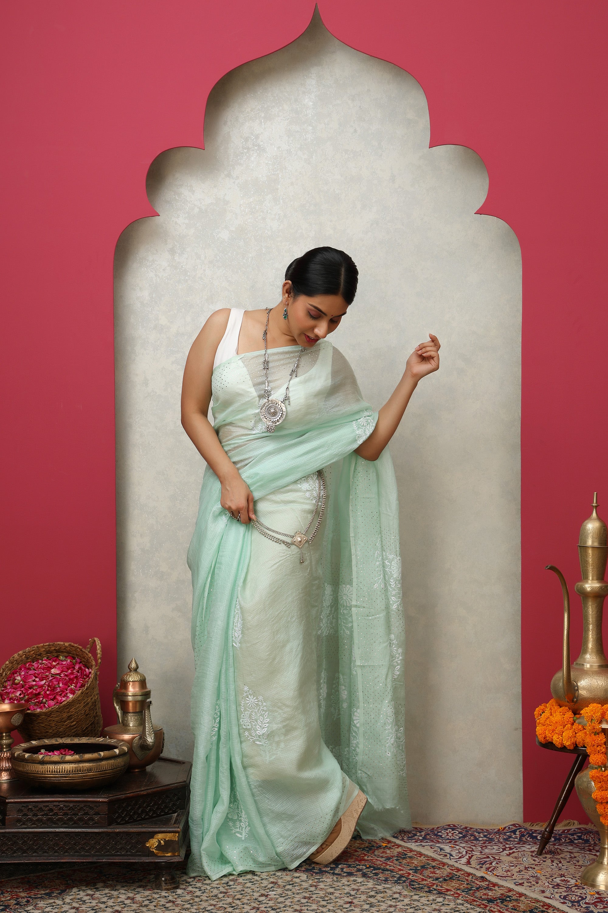 Pistachio Mist green Kota Doria pure silk-cotton saree with hand embroidered Chikankari and mukaish work