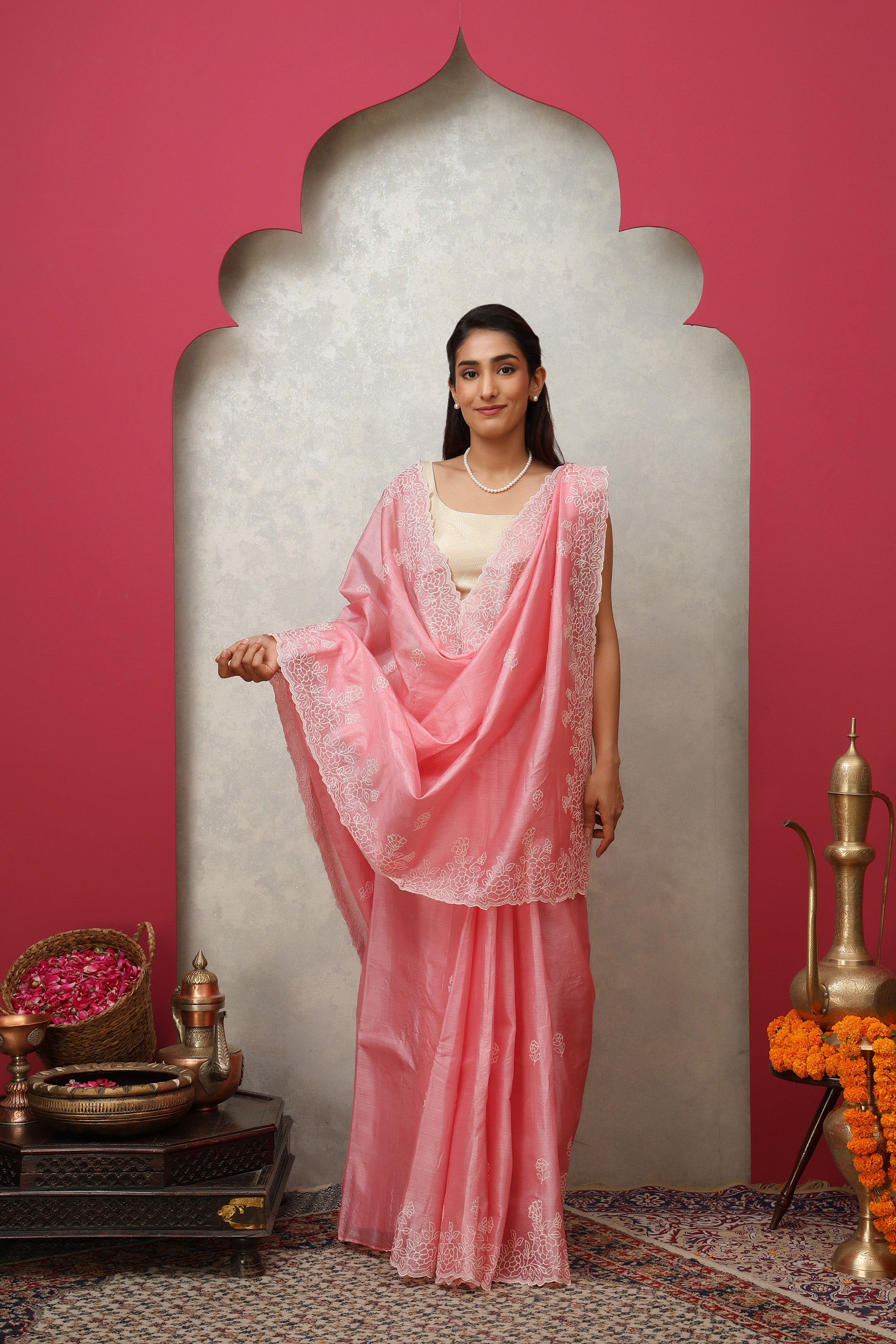 Chic Pomegranate Pink pure Tussar silk embroidered saree