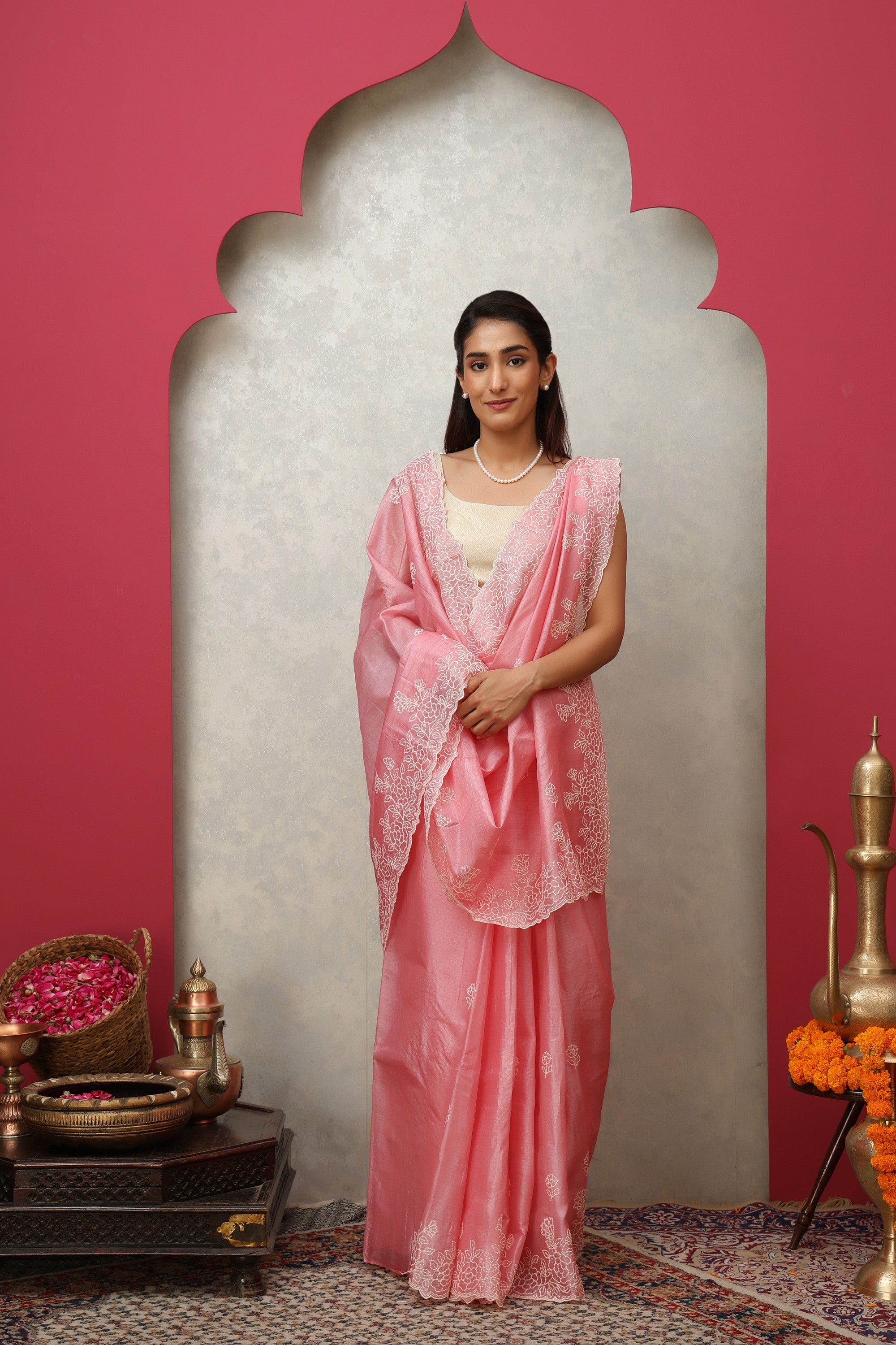 Chic Pomegranate Pink pure Tussar silk embroidered saree