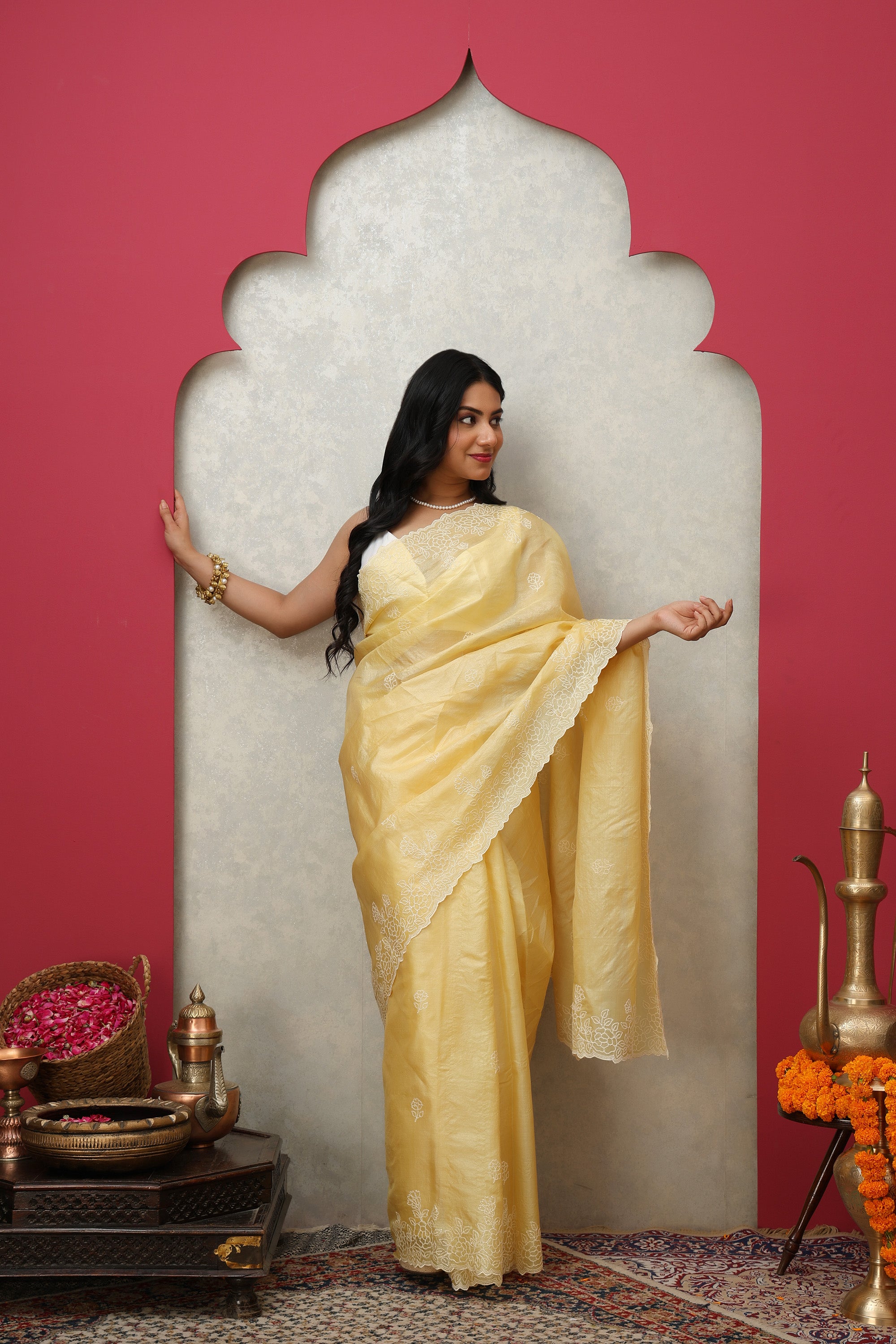 Chic Lemon yellow pure Tussar silk embroidered saree