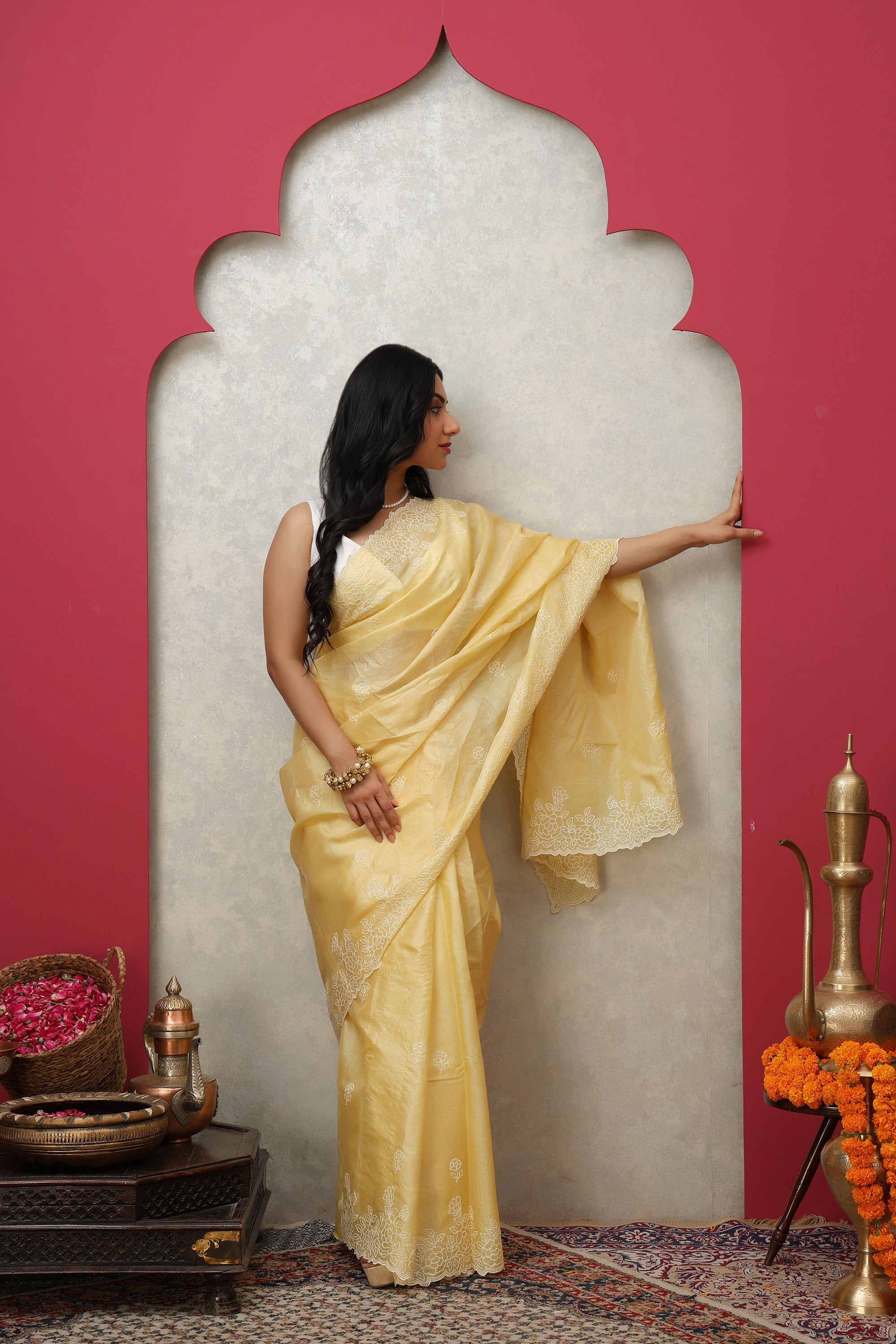 Chic Lemon yellow pure Tussar silk embroidered saree