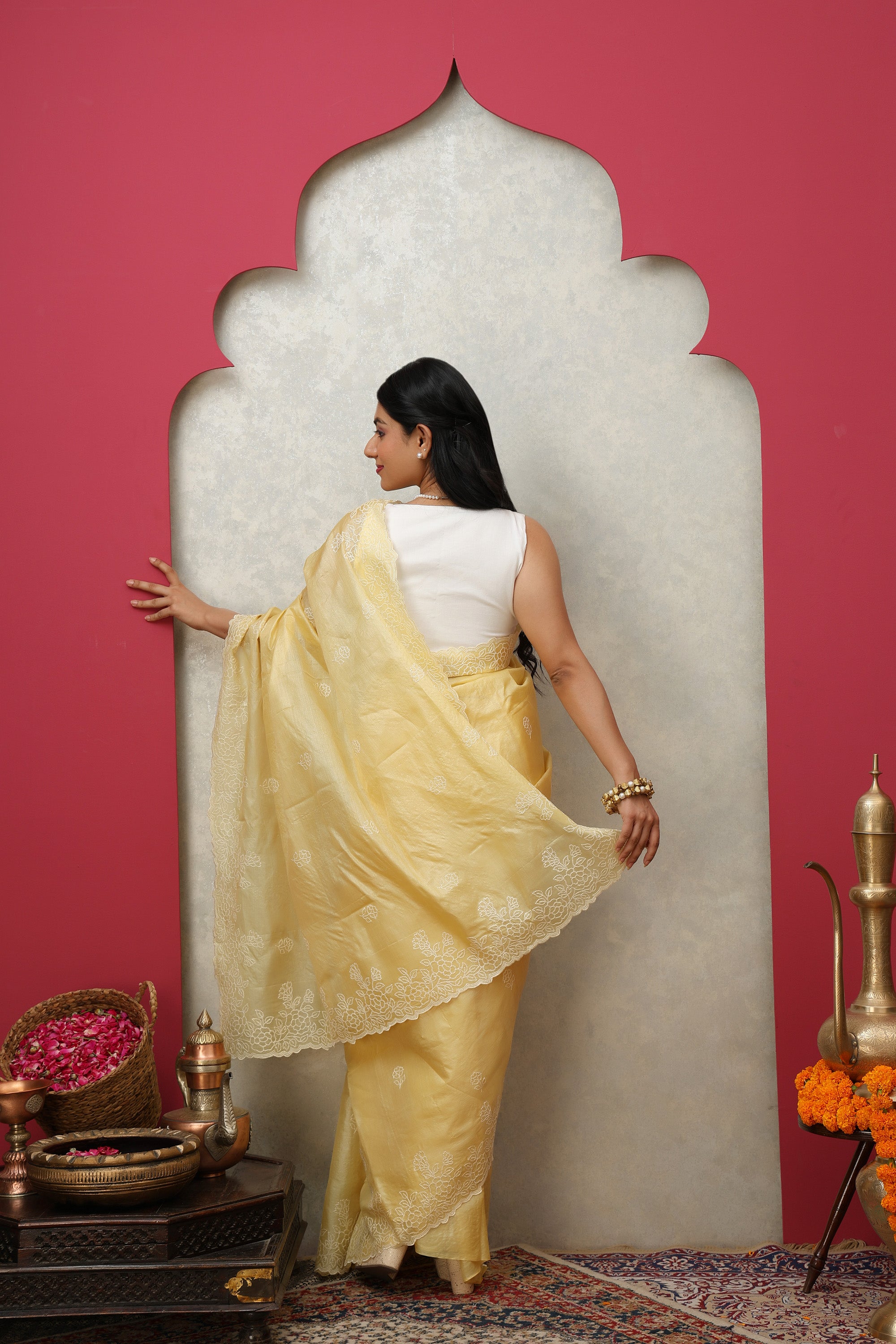 Chic Lemon yellow pure Tussar silk embroidered saree