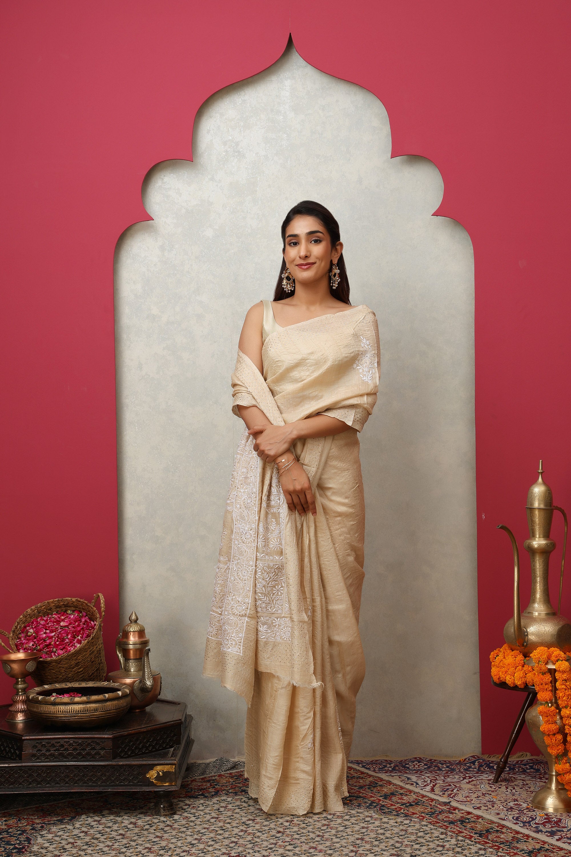 Beautiful Beige natural pure Khadi Silk hand embroidered Chikankari saree