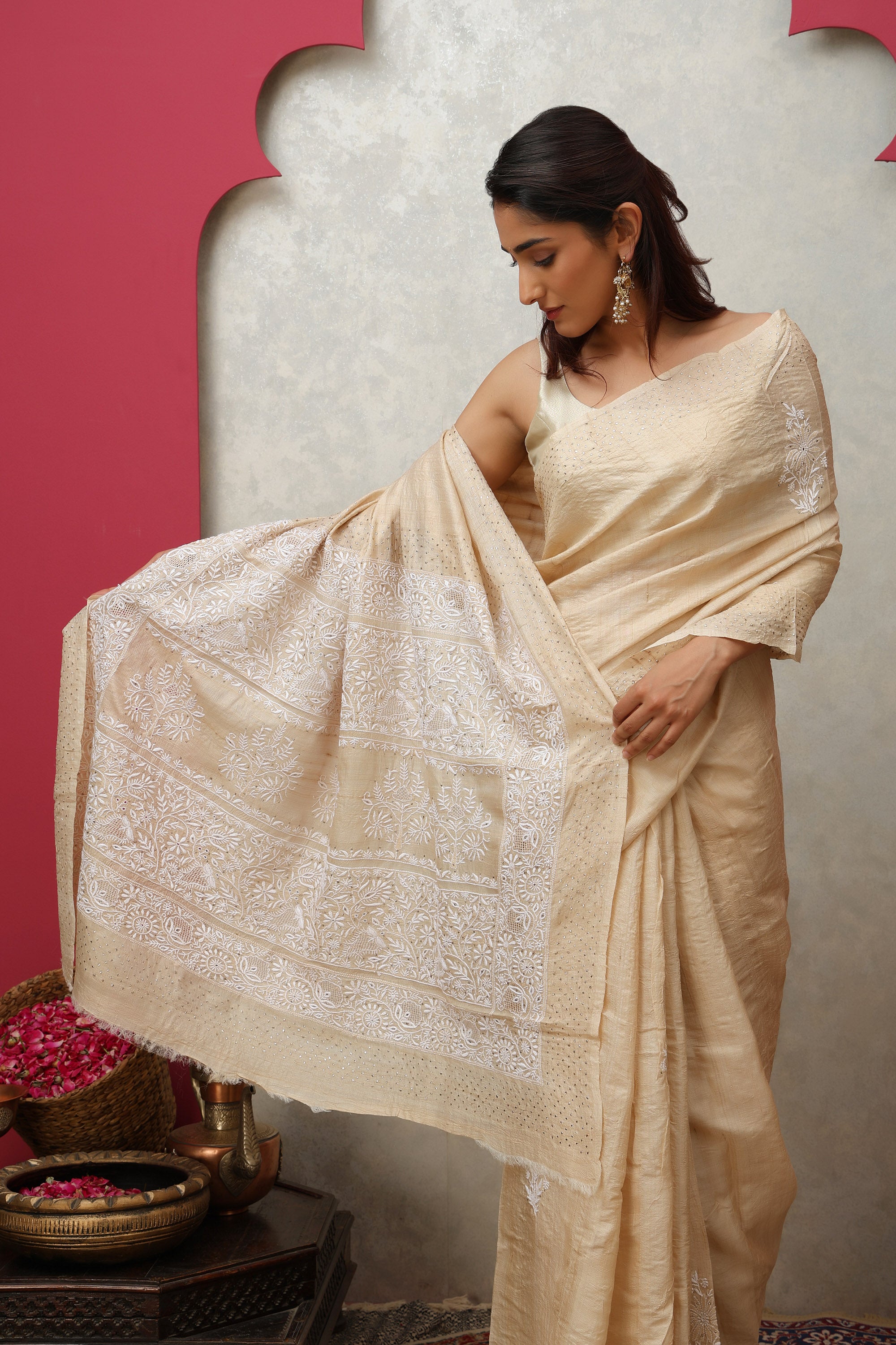 Beautiful Beige natural pure Khadi Silk hand embroidered Chikankari saree