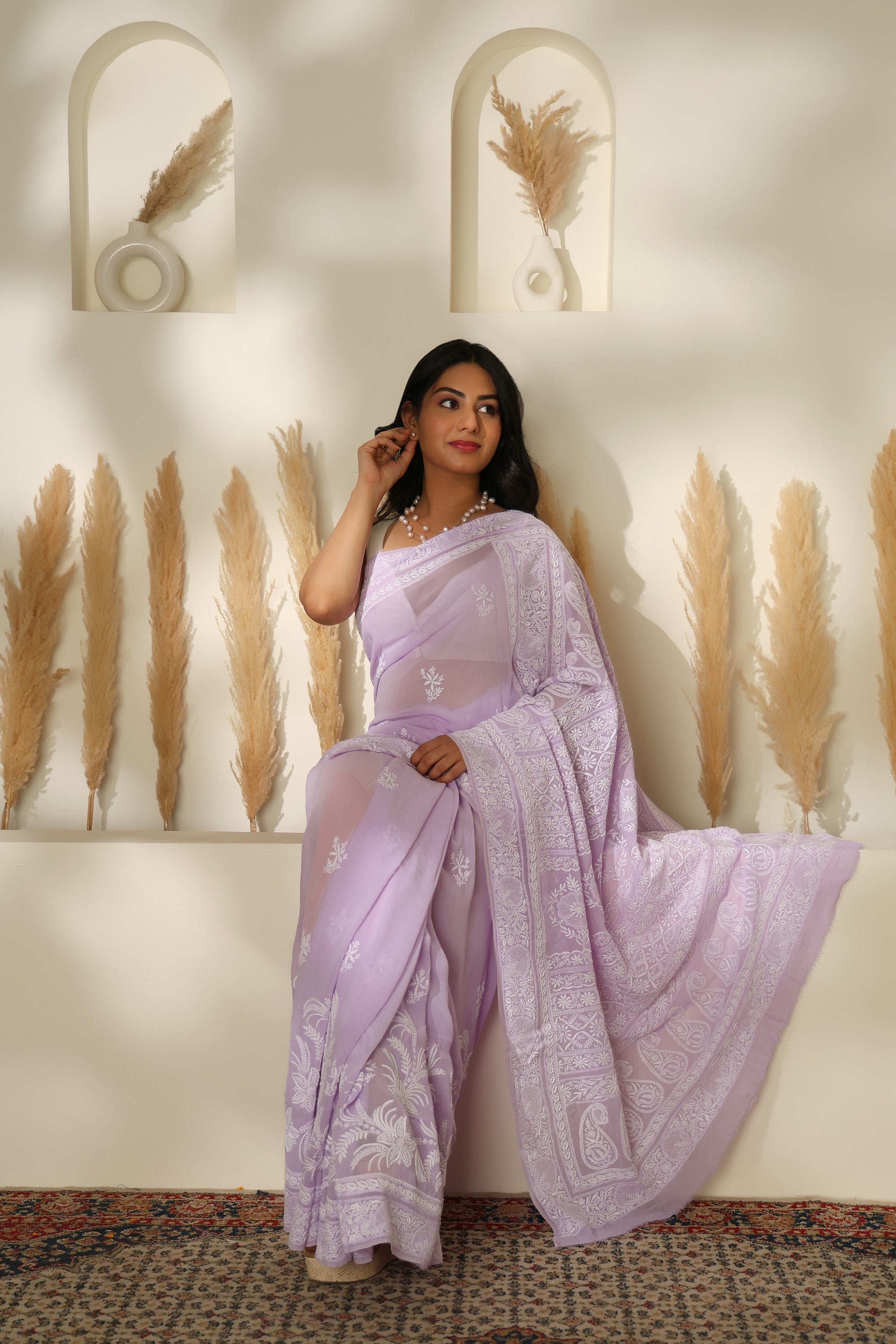 Summery dusty lavender pure  georgette silk saree with hand embroidered Chikankari work