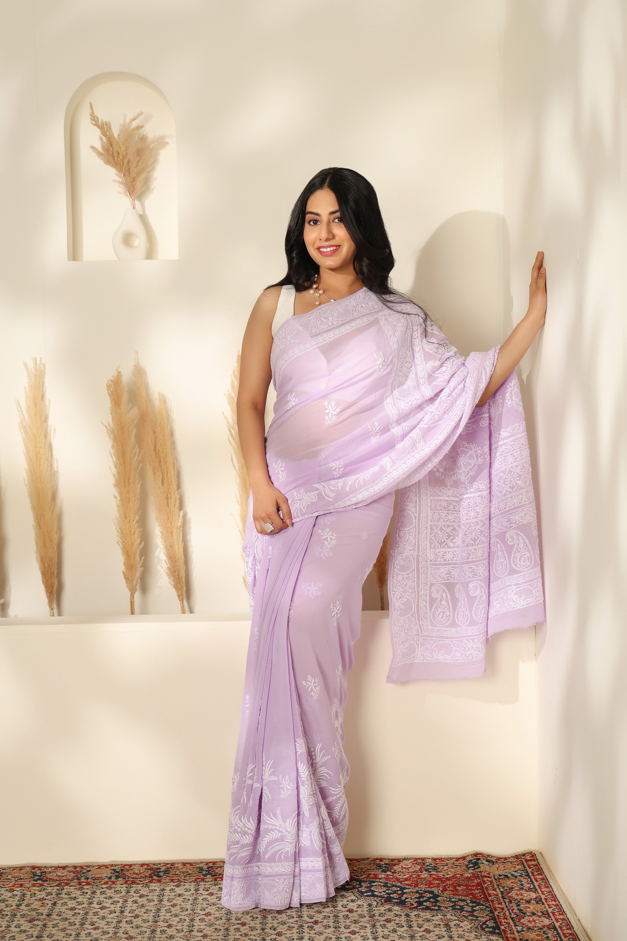 Summery dusty lavender pure  georgette silk saree with hand embroidered Chikankari work