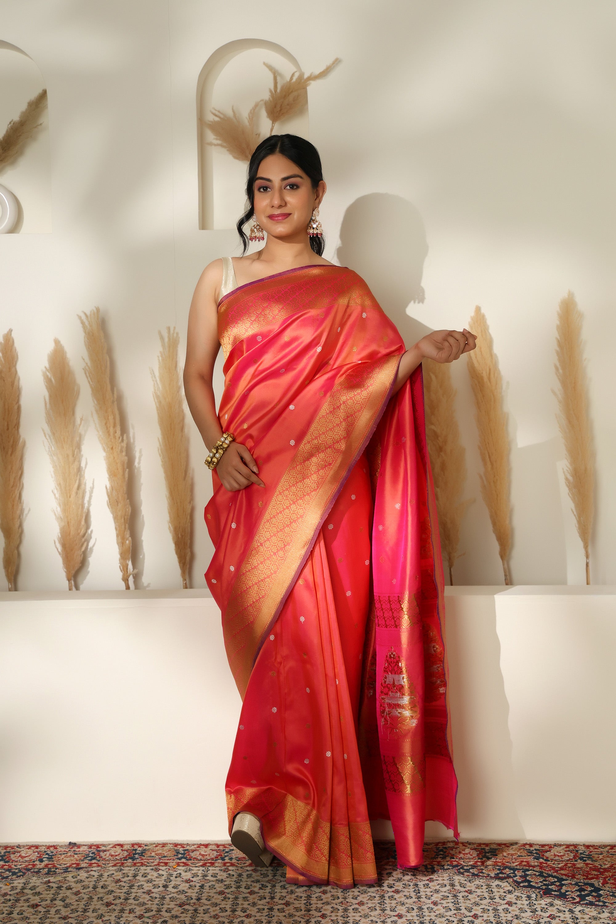 Stunning vibrant coral pink pure katan silk saree