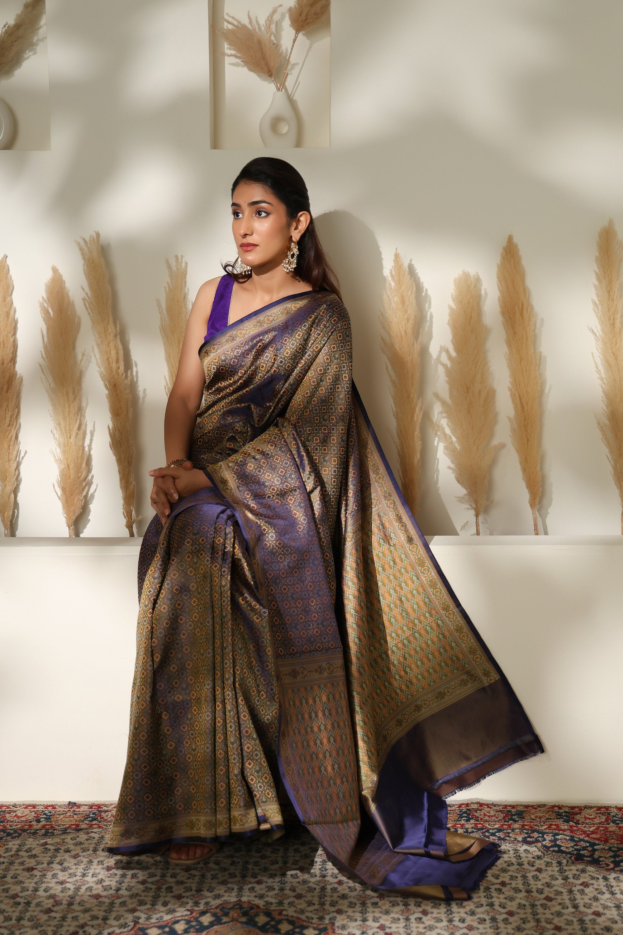 Tanchoi pure silk saree in deep purple with multiple colour thread weave