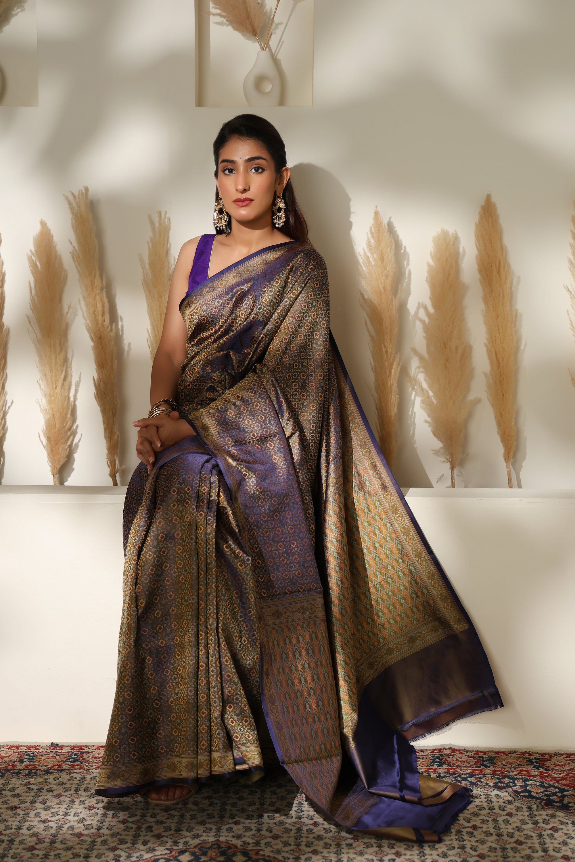 Tanchoi pure silk saree in deep purple with multiple colour thread weave