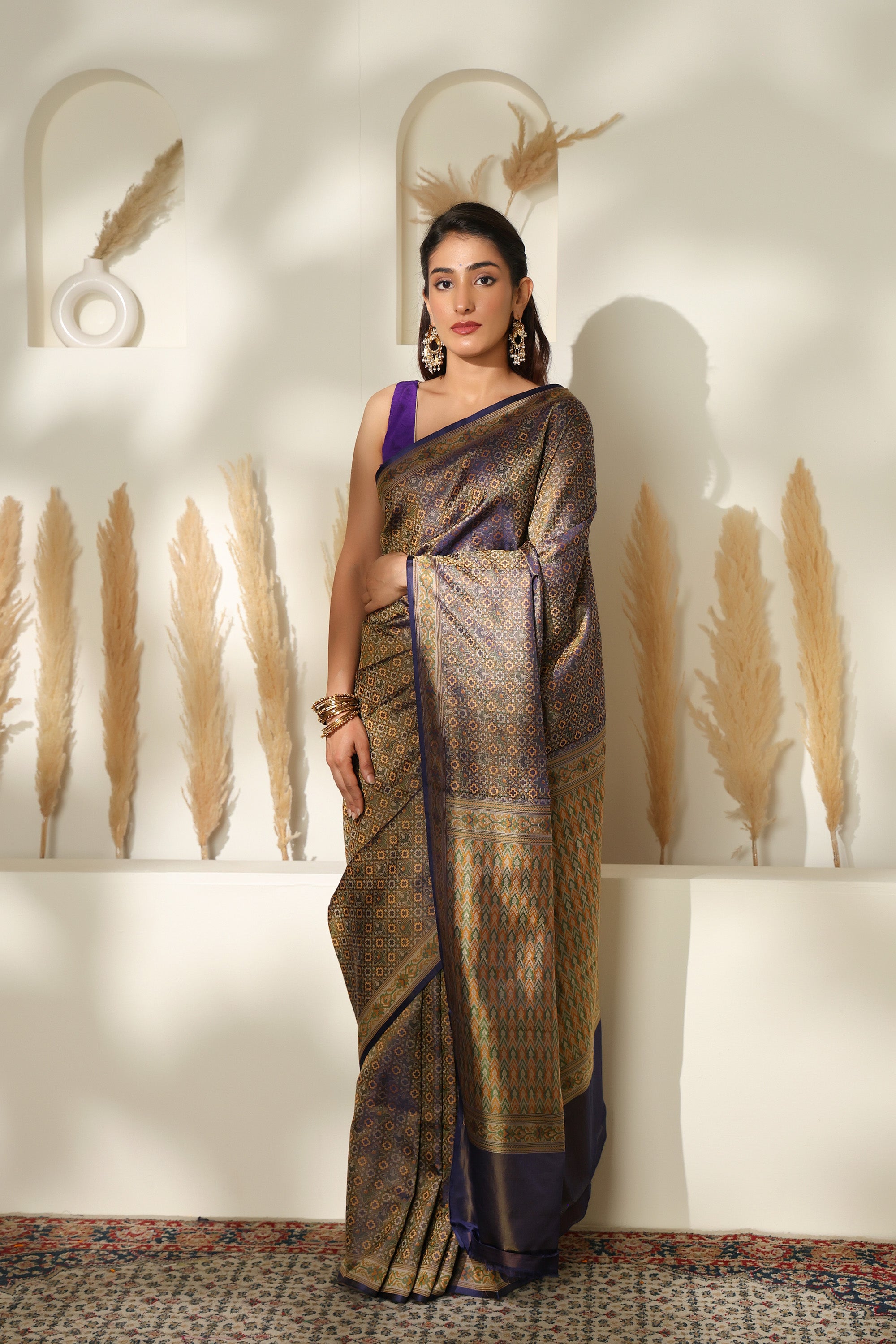Tanchoi pure silk saree in deep purple with multiple colour thread weave