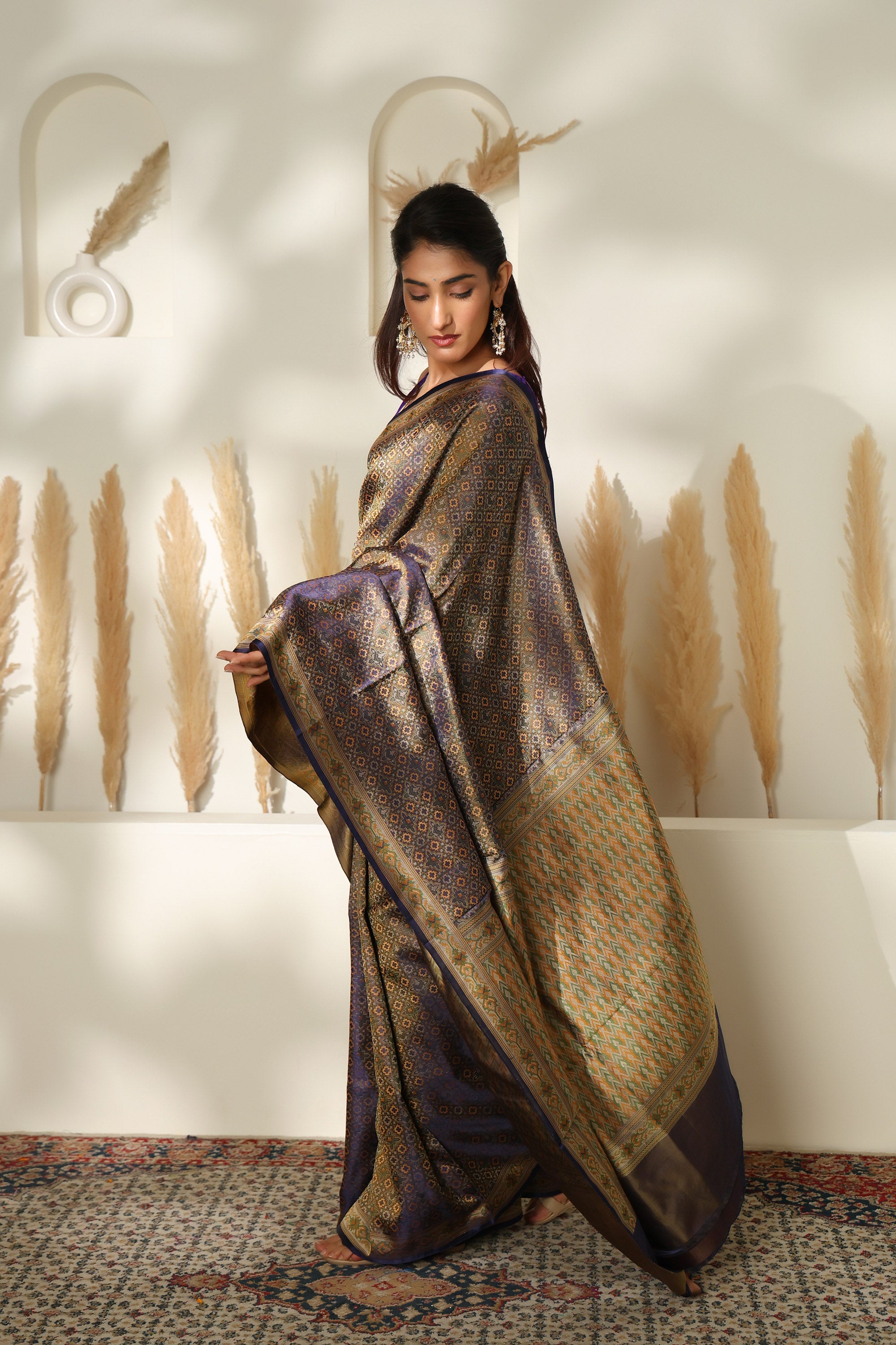 Tanchoi pure silk saree in deep purple with multiple colour thread weave