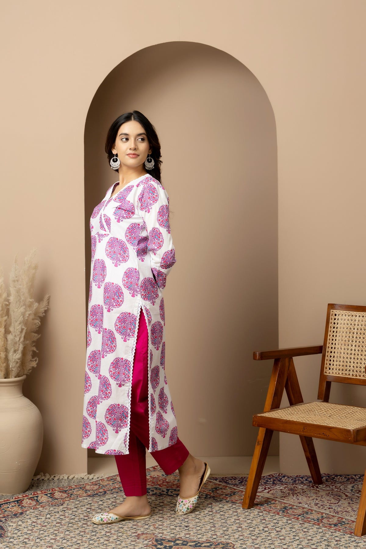 Gulbahar- White - pink tree print kurta with rani pink straight pants