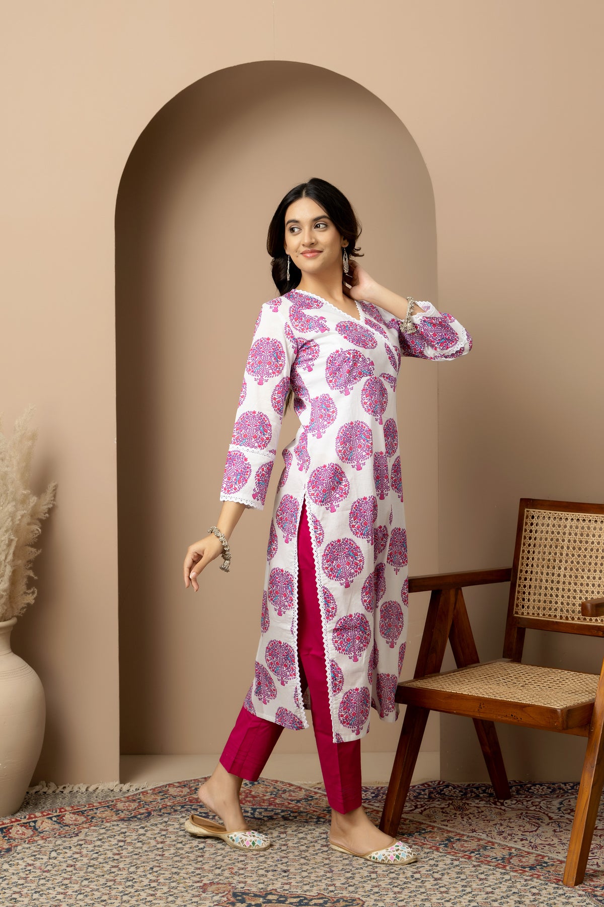 Gulbahar- White - pink tree print kurta with rani pink straight pants